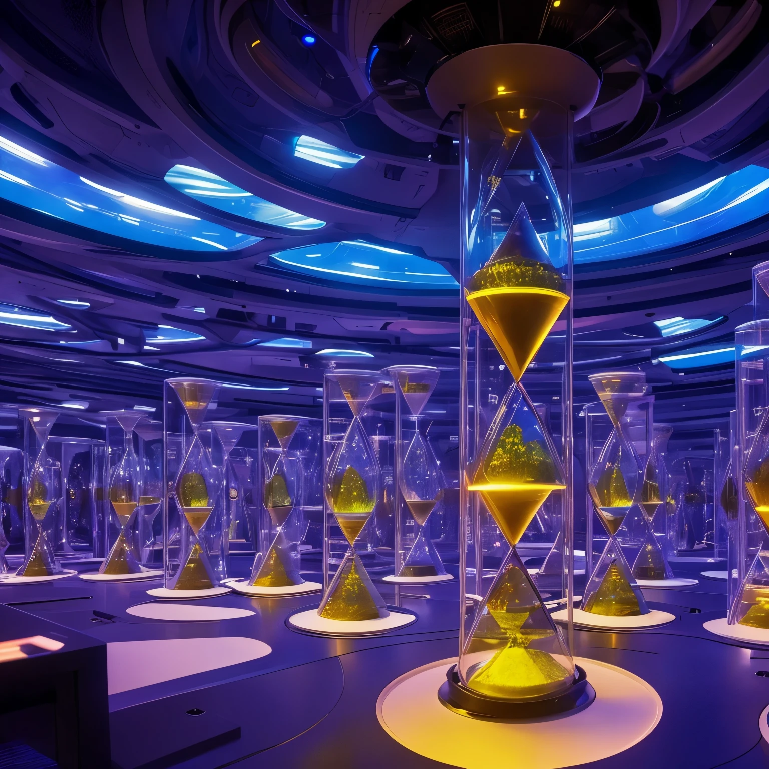 Huge 30-degree tilted digital hourglass against a dim bioengineering laboratory with rows of cryogenic pods backdrop, moebius style