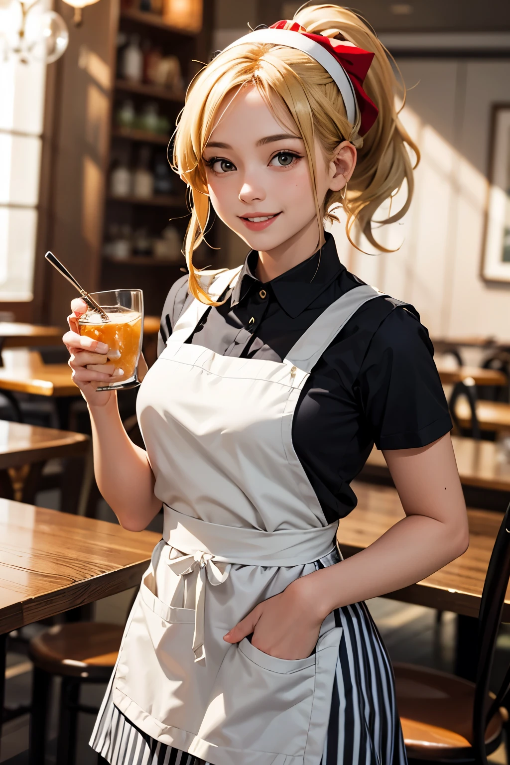 A waitress girl wearing a red and white striped apron, a white headband, a blonde ponytail, a hairpin, a bright smile, red cheeks, entertaining guests at a restaurant table, background blur,