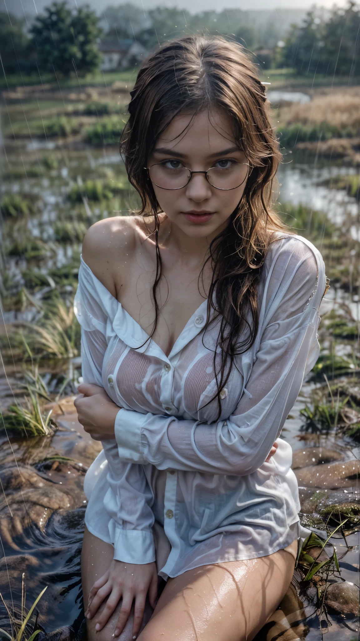 Photorealistic, (close up:1.3, exposed face), wide angle, (seen from above), a woman is wearing wet droopy (long sleeve (opened button shirt:1.2), exposed shoulders, bottomless:1.2), a hyperrealistic beautiful young girls with grayish blue eyes in (stylish glasses), natural sagging breast, high detailed official artwork, beautiful girls with slim fit body and busty posture, flowing messy hair, wet hair and body, long legs, attractive young woman, (sitting with bending legs poses:1.3, crossed arm hold the breast up), freezing body, under the rainin the (grass field:1.2), heavy rain background, dubnitskiy david fanart, realistic portrait, smooth photorealistic, perfect visual of a cute girls, cute girls with skinice soft face, face focus, photon mapping, natural light, cool color tones, vivid colors, rainny ambient, (foggy and dark atmosphere)