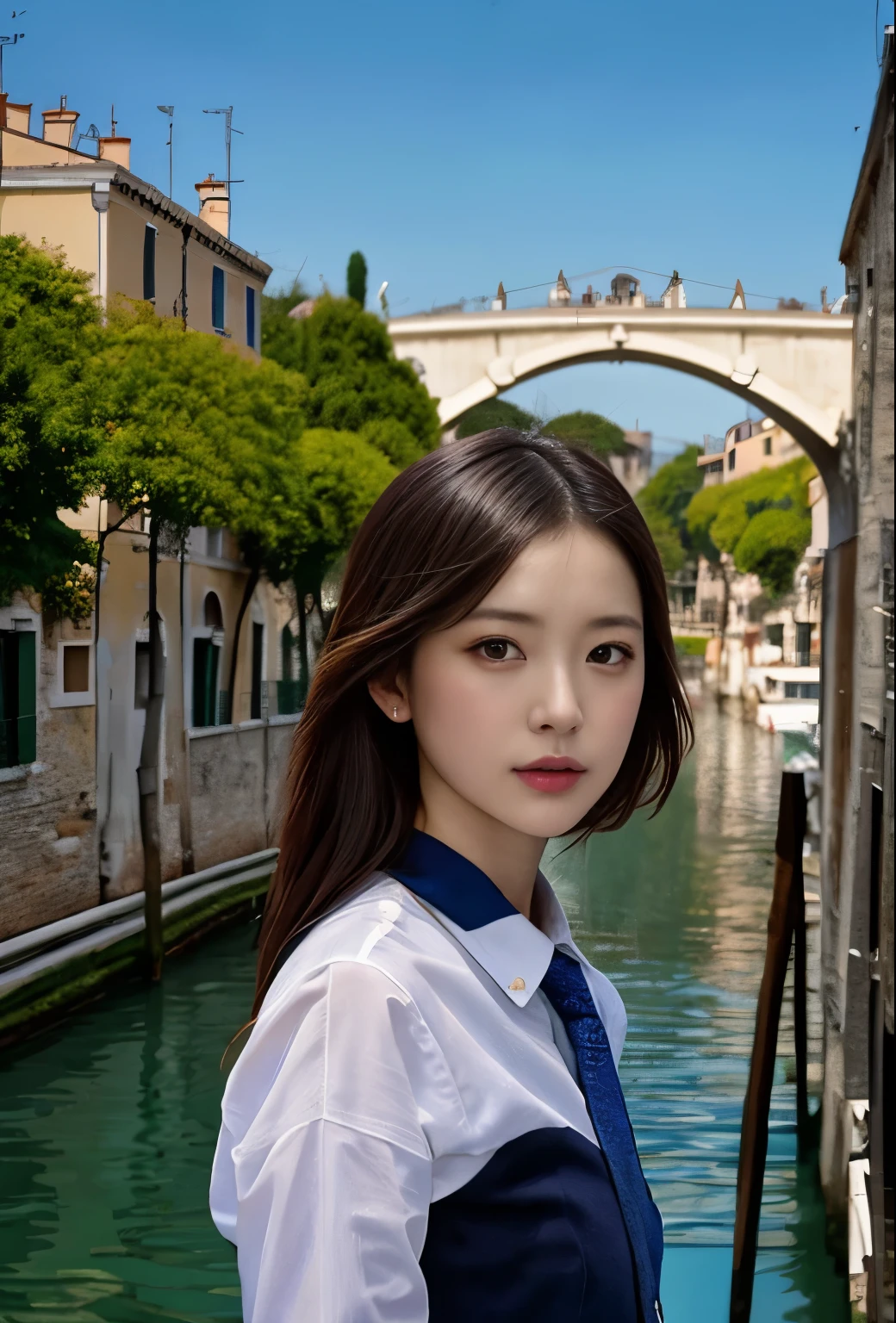 model shooting style, (very detailedCG Unity 8K壁紙), Full body photo of the world&#39;s most beautiful artwork, Amazingly Beautiful Pictures Realistic Cute Woman, Surreal ultra-detailed photo of a beautiful girl as a 2020s female dancer on a boat in Venice 2020s,(Bridge of Sighs background),(princess eyes,Shining eyes), detailed symmetrical beautiful hazel eyes, detailed gorgeous face,very detailed, lively,Professional majestic oil painting by Ed Blinky, Atay Gailan, Studio Ghibli, Written by Jeremy Mann, Greg Munches, Antonio Moro, Trending with ArtStation, Trending on CGsociety, Complex, high detail, sharp focus, dramatic, Realistic painting art by Midjourney and Greg Rutkowski