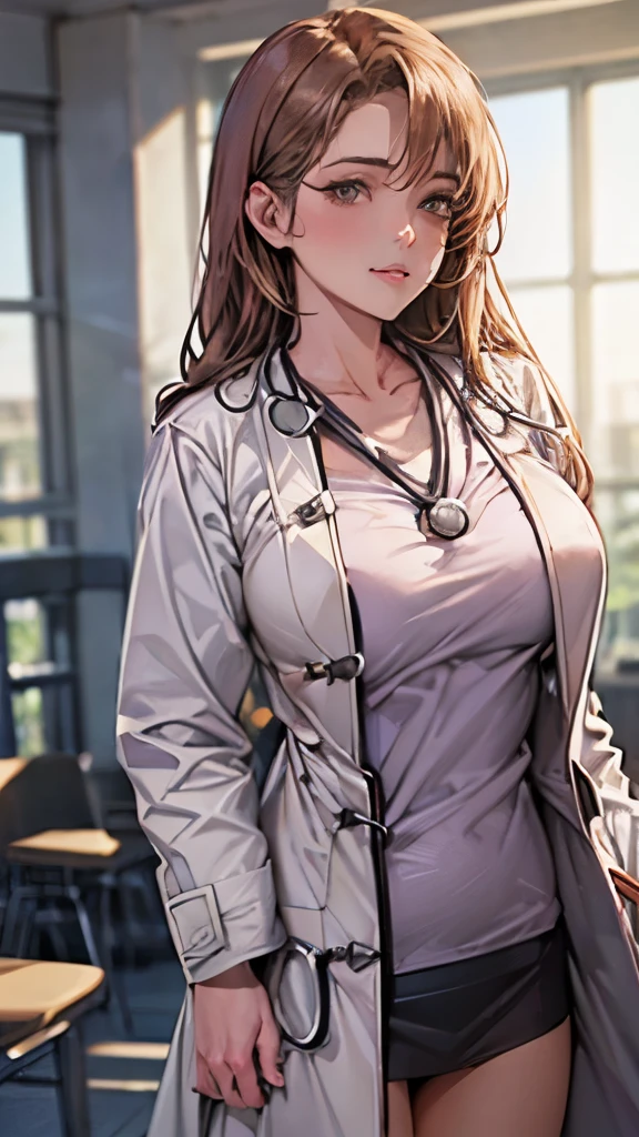 realistic beautiful doctor、amazingly beautiful、(doctor'white coat:1.8), collared shirt、(highest quality、8K、32k、masterpiece、nffsw:1.3)、超A high resolution,(Photoreal:1.4),Raw photo, detailed face,,beautiful hair, ((doctor style)), , black tight skirt、 natural makeup,, big and full breasts、Inside the hospital, detailed background, perfect lighting, written boundary depth, beautiful shadow gradation,Stethoscope ,