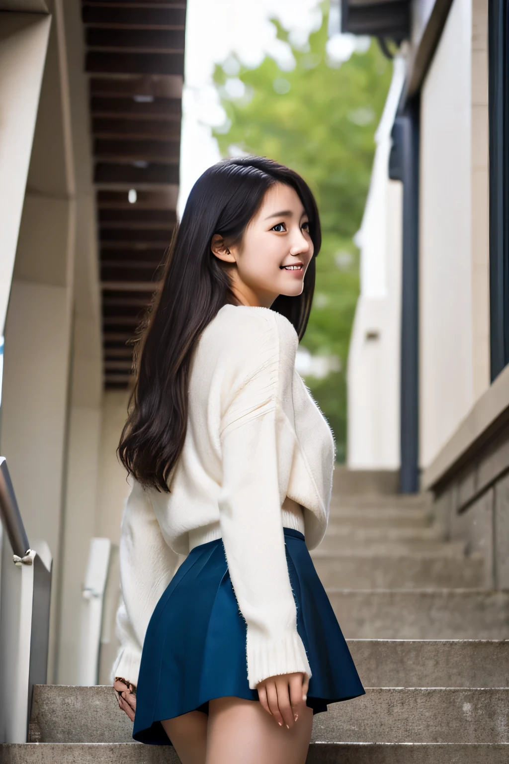 masterpiece, highest quality, Photoreal, Super detailed, finely, High resolution, 8k wallpaper, Professional, Advanced level of detail, Female college student standing on canvas stairs, Slender Japan woman, ((facing the front)), detailed clavicle, Medium chest、perfect face, straight hair, white sweater、My mini flared skirt was flipped up by the wind and I could see my pants..、Cut from low angle、smile gently
