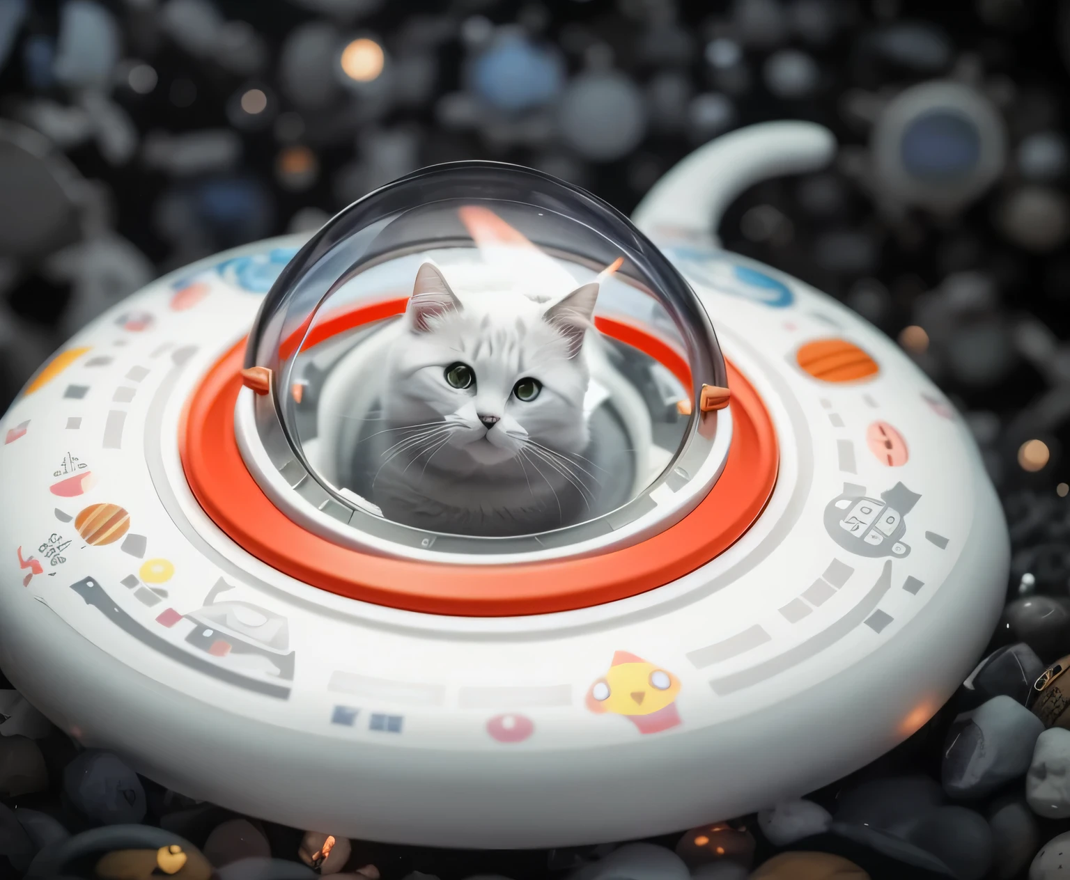 There is a cat sitting in a spaceship,, astronaut cat, space cat, The cat that summons the spaceship, cat in space, kitten from outer space, in a space ship, micro spaceship, world boss kitten, cat floating in the air, cat from void，The spaceship looks simple，There are cute patterns on the outside of the spaceship