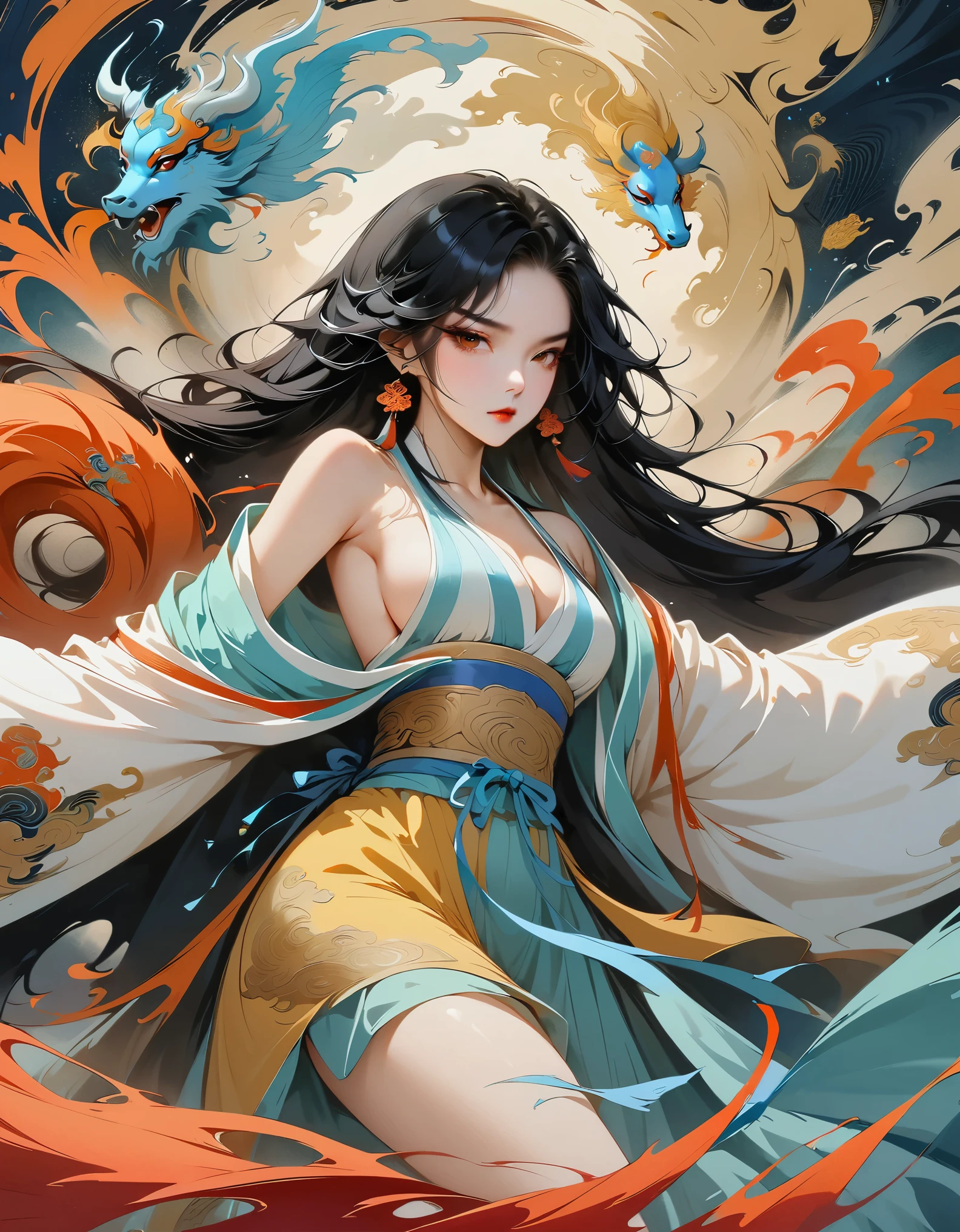 official art,unified 8k wallpaper,Super detailed,Beautiful and beautiful,masterpiece,best quality,(Zentangle,dispute,twist),(fractal art:1.4),1 girl,black hair,China人,bare shoulders,short skirt,calf,navel,Very detailed,dynamic angle,cowboy shooting,(The most beautiful form of chaos),flowing,(bright colors),Oak,(half: 1.2),China,(Thangka Feitian:1.5),(ribbon: 1.3), (Dream: 1.5), (hanfu:1.5),China人dragon,China人phoenix,(Smile:0.5),(China人 deity),