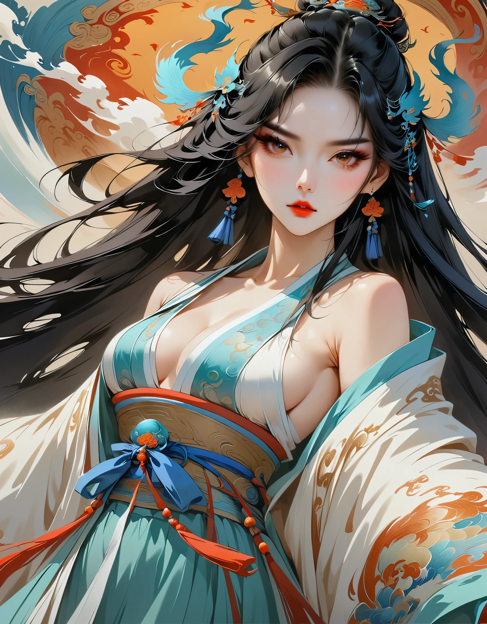 official art,unified 8k wallpaper,Super detailed,Beautiful and beautiful,masterpiece,best quality,(Zentangle,dispute,twist),(fractal art:1.4),1 girl,black hair,China人,bare shoulders,short skirt,calf,navel,Very detailed,dynamic angle,cowboy shooting,(The most beautiful form of chaos),flowing,(bright colors),Oak,(half: 1.2),China,(Thangka Feitian:1.5),(ribbon: 1.3), (Dream: 1.5), (hanfu:1.5),China人dragon,China人phoenix,(Smile:0.5),(China人 deity),