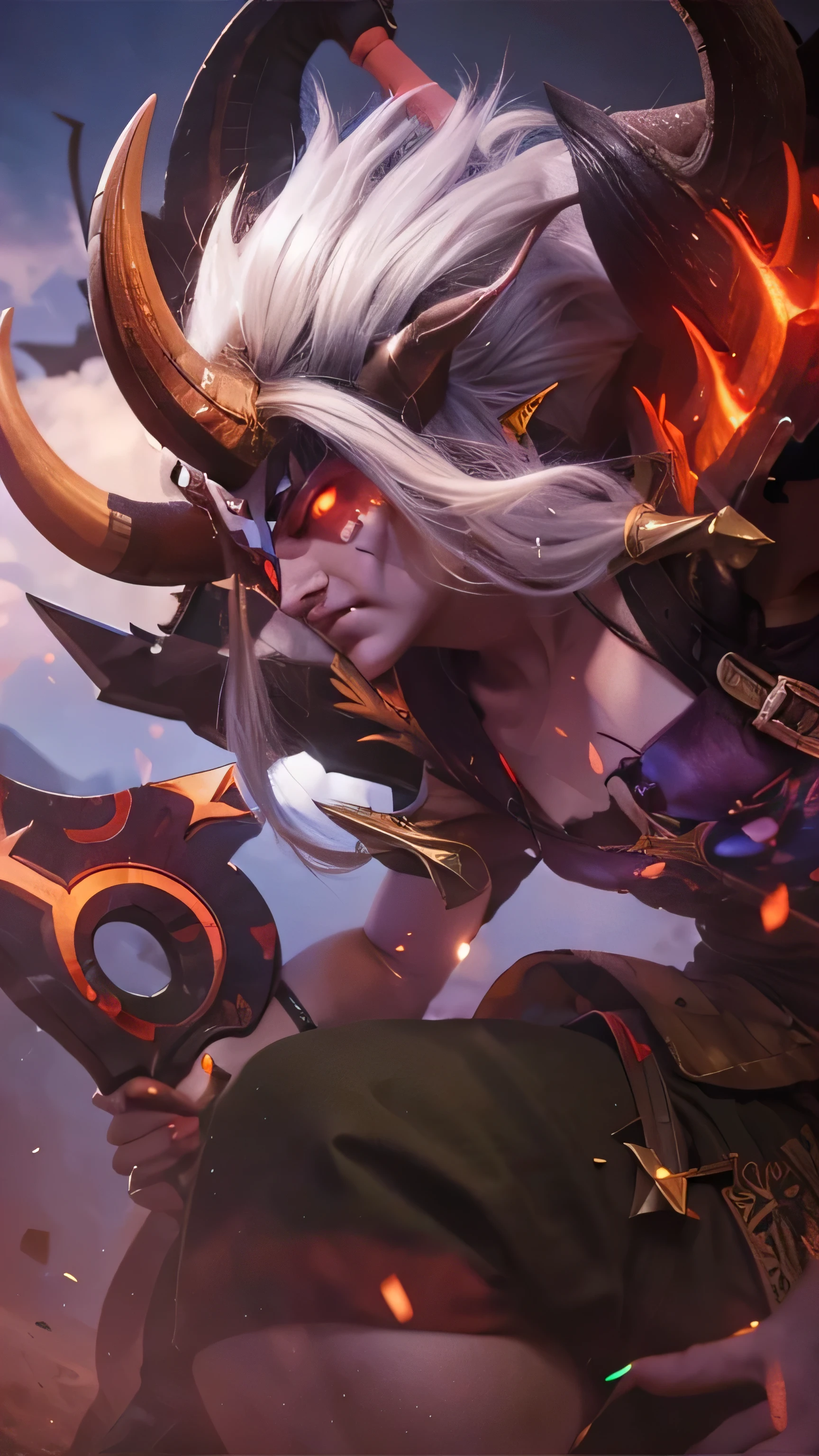 close up of a person with horned head and sword.
