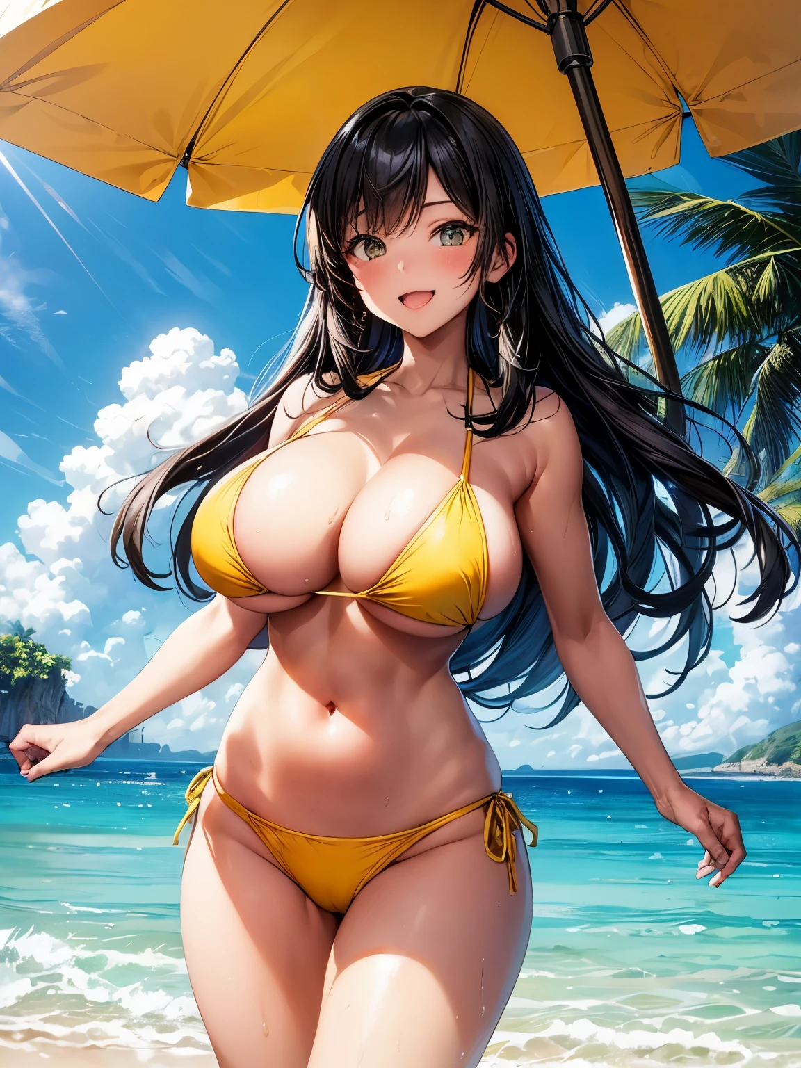 highest quality、complete limbs、one beautiful woman、(black haired woman:1.3)、long hair woman、beautiful big breasted woman、big smile、(woman wearing a yellow bikini:1.3)、Ocean、resort area、beach、beautiful light blue water surface、Frolicking at the water's edge