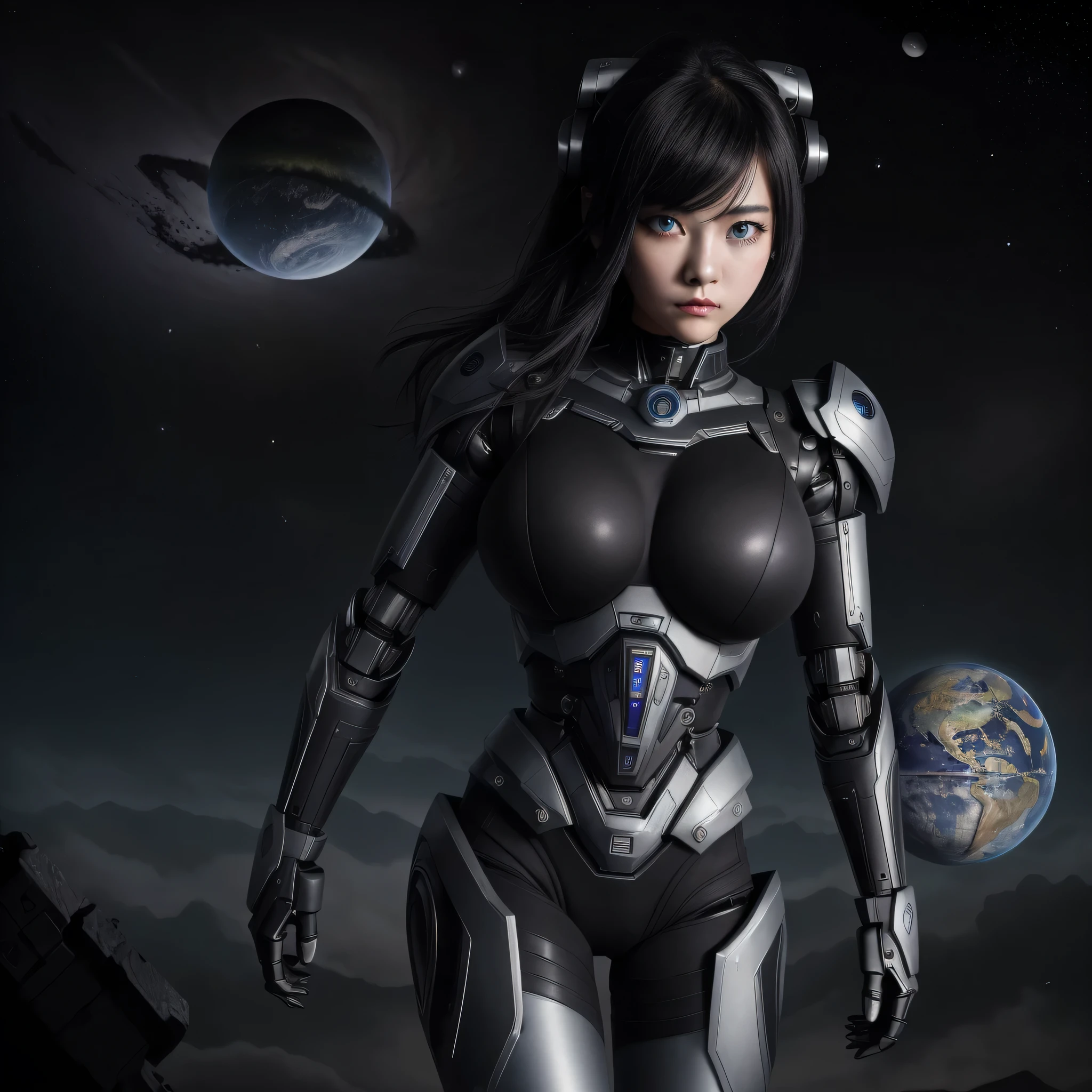 top-quality、Top image quality、masterpiece、Mecha Girl((18year old、Black and gray mechanical parts、Robot joints,Black tights,Bust 100、A dark-haired、Staring at the viewer、Breasts wide open,Large valleys、、Blue Eye、Dye cheeks、fighting poses))hiquality、depth of fields、Background with((World of the Apocalypse、Black sky))、Depth((planet earth))