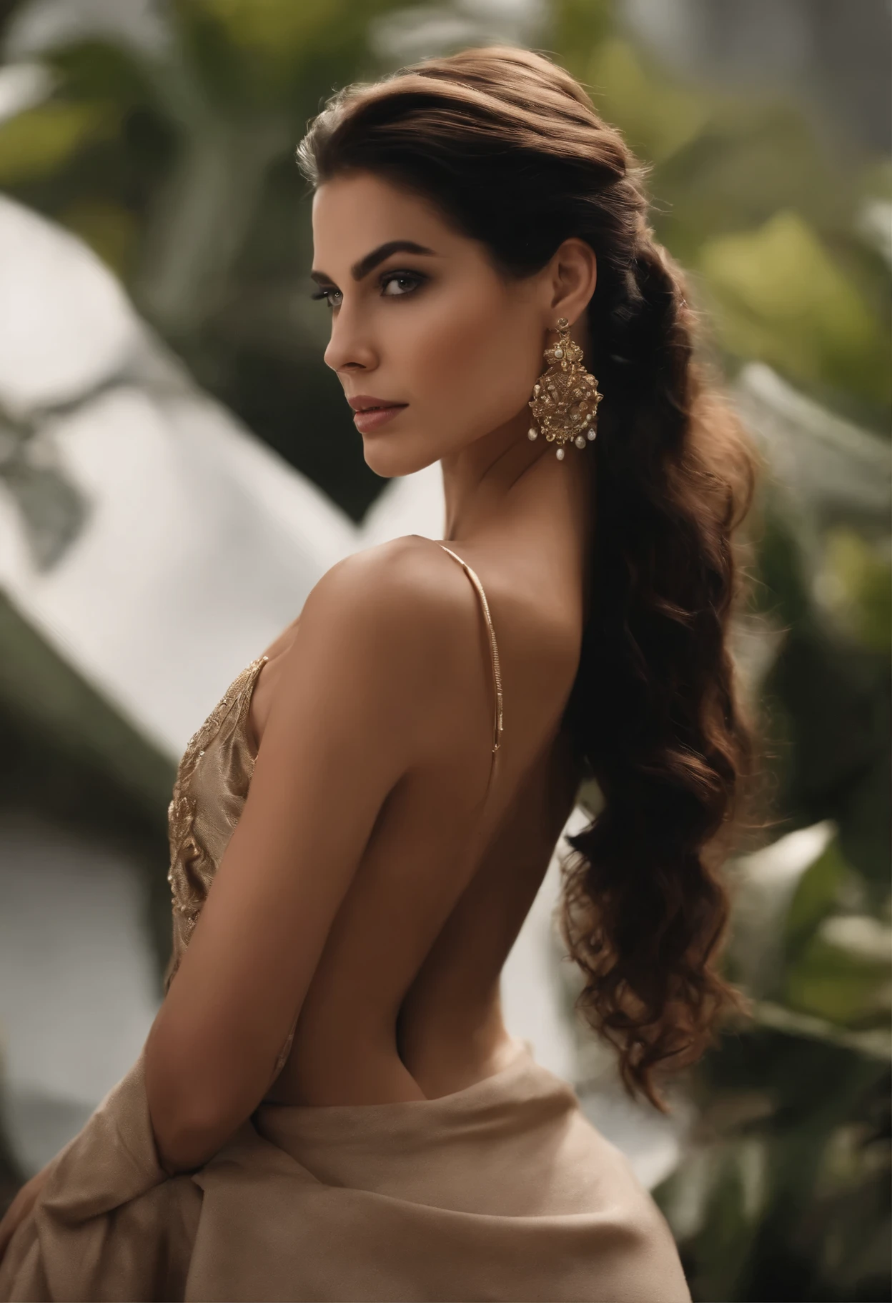 Character standing with crossed arm, Cabelo escuro (neck-length hair tied in a ponytail), boa pose, homem bonito, corpo todo, corpo todo shot, pernas cruzadas, Sapatos de engraxar, cara bonita, pose lateral, pose elegante real, homem de negocios, (em um blazer listrado), (The surrounding environment is an elegant and luxurious office ) (summer tone image)