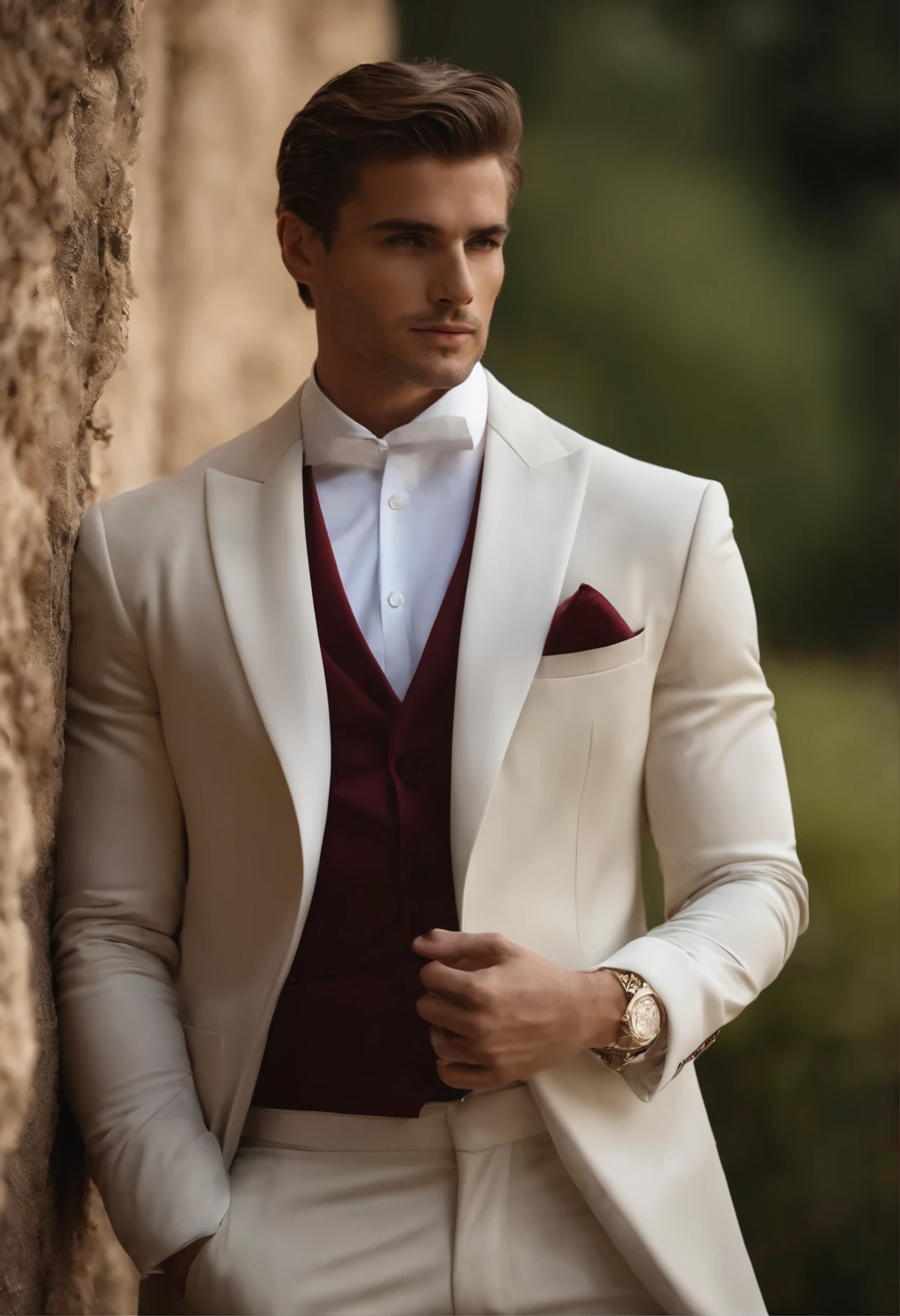 Character standing with crossed arm, Cabelo escuro (neck-length hair tied in a ponytail), boa pose, homem bonito, corpo todo, corpo todo shot, pernas cruzadas, Sapatos de engraxar, cara bonita, pose lateral, pose elegante real, homem de negocios, (em um blazer listrado), (The surrounding environment is an elegant and luxurious office ) (summer tone image)
