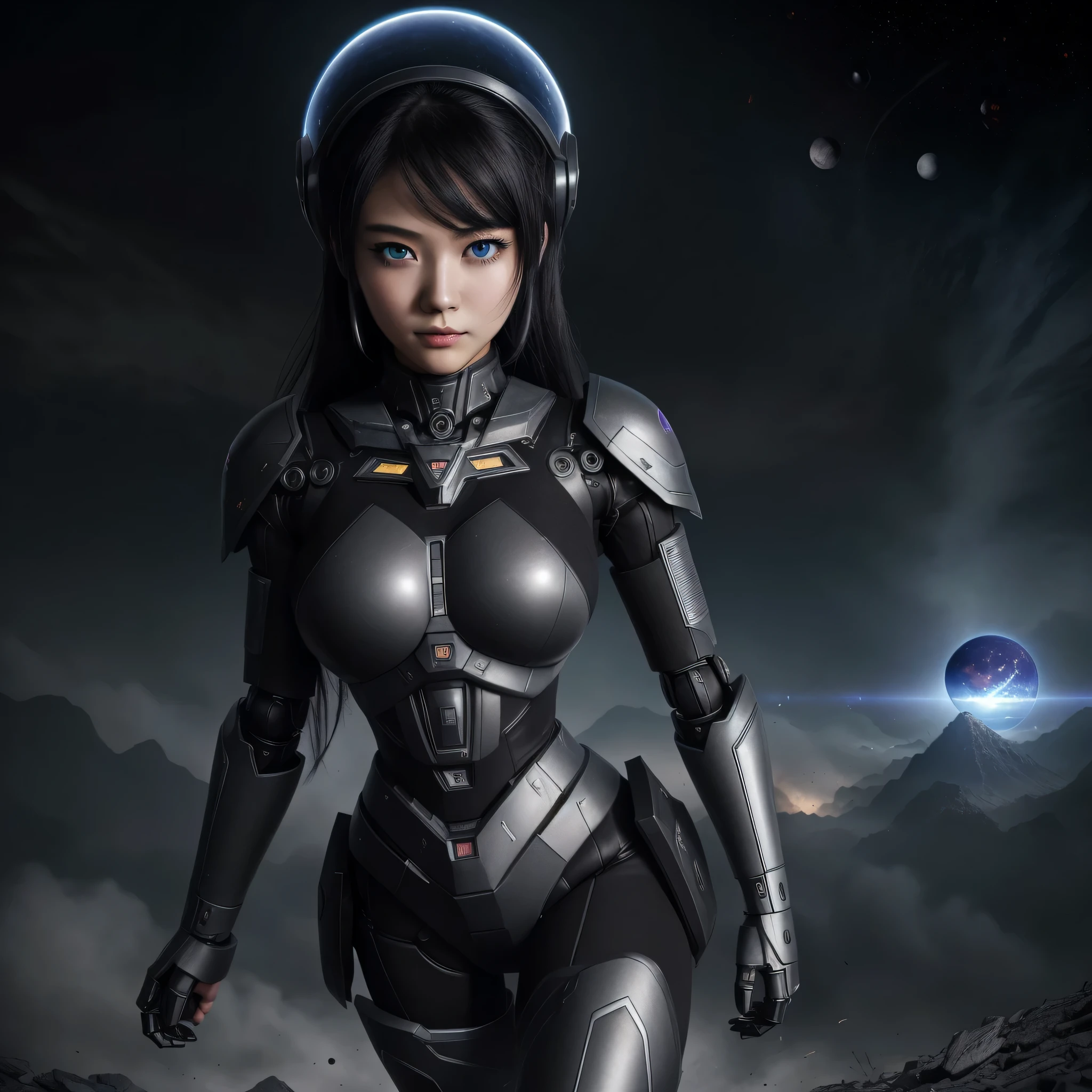 top-quality、Top image quality、masterpiece、Mecha Girl((18year old、Black and gray mechanical parts、Robot joints,Black tights,Bust 100、A dark-haired、Staring at the viewer、Breasts wide open,Large valleys、、Blue Eye、Dye cheeks、fighting poses))hiquality、depth of fields、Background with((World of the Apocalypse、Black sky))、Depth((planet earth))
