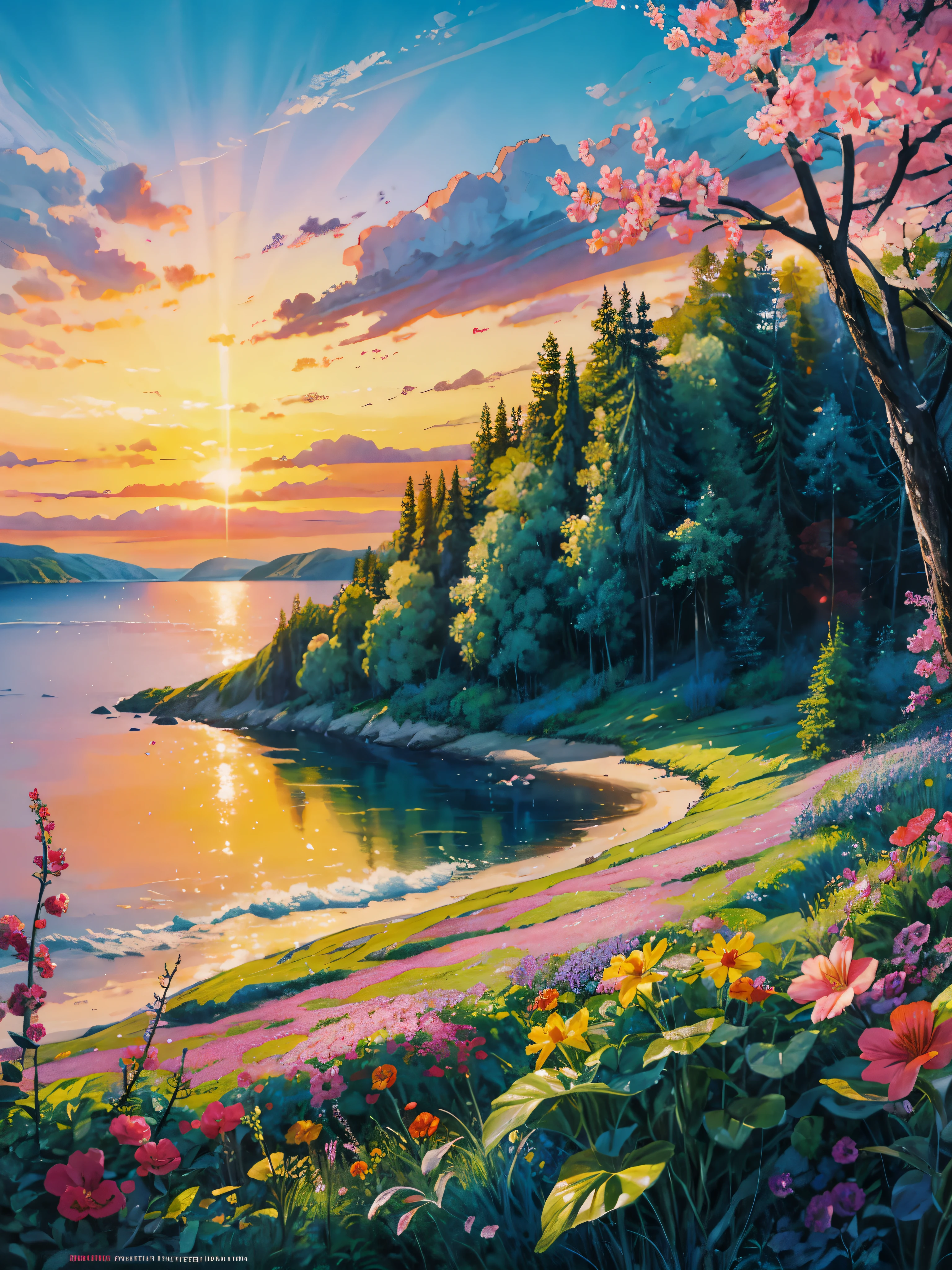 a painting of a sunset over a body of water, colorful landscape painting, floral sunset, vibrant gouache painting scenery, which shows a beach at sunset, dream scenery art, magical colorful flowers, scenic colorful environment, beautiful fantasy painting, nature wallpaper, romanticism landscape painting, beautiful art uhd 4 k, beautiful color art!, fantasy sea landscape, nature painting, fantasy landscape painting