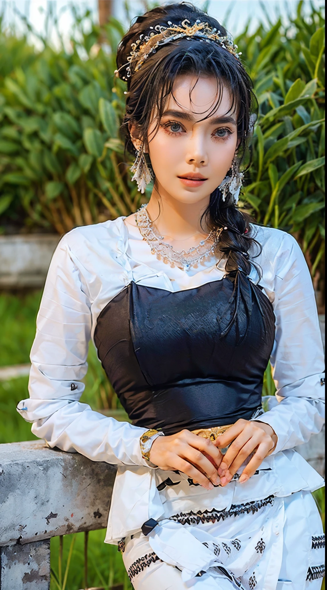 (best quality,4k,8k,highres,masterpiece:1.2),ultra-detailed,(realistic,photorealistic,photo-realistic:1.37),traditional dress,beautiful detailed green eyes,beautiful detailed lips,extremely detailed green eyes and face,long eyelashes,Burmese patterned dress, 1woman,graceful posture,bright smile,elaborate jewelry,golden threads,flowing silk,rich colors,silk patterns,delicate embroidery,meticulous craftsmanship,traditional headdress,decorative accessories,authentic cultural representation,stunning background,picturesque garden setting,lush greenery,colorful flowers,serene environment,sunlight filtering through the trees,subtle shadows,ethereal atmosphere