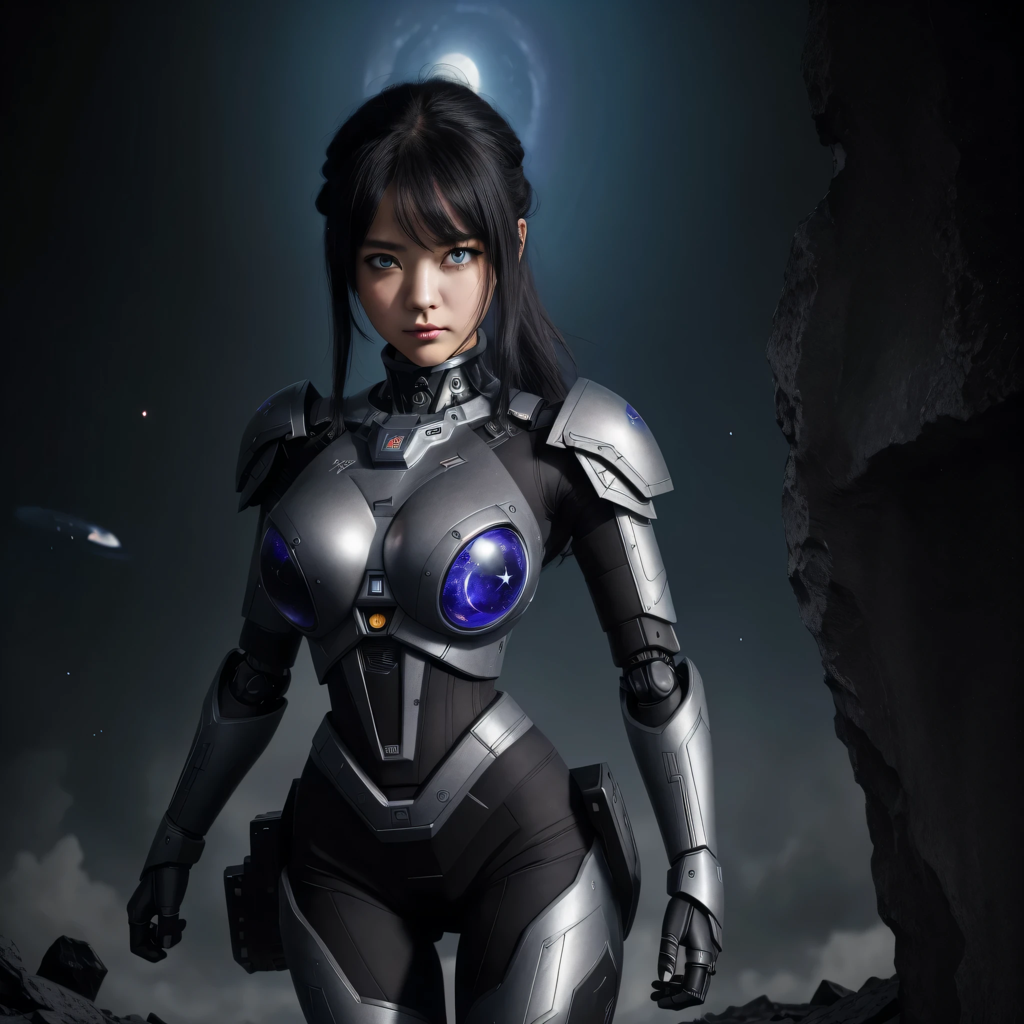 top-quality、Top image quality、​masterpiece、Mecha Girl((18year old、Black and gray mechanical parts、Robot joints,Black tights,Bust 100、A dark-haired、Staring at the viewer、Breasts wide open,Large valleys、、Blue Eye、Dye cheeks、fighting poses)）hiquality、depth of fields、Background with((World of the Apocalypse、Black sky))、Depth((planet earth))