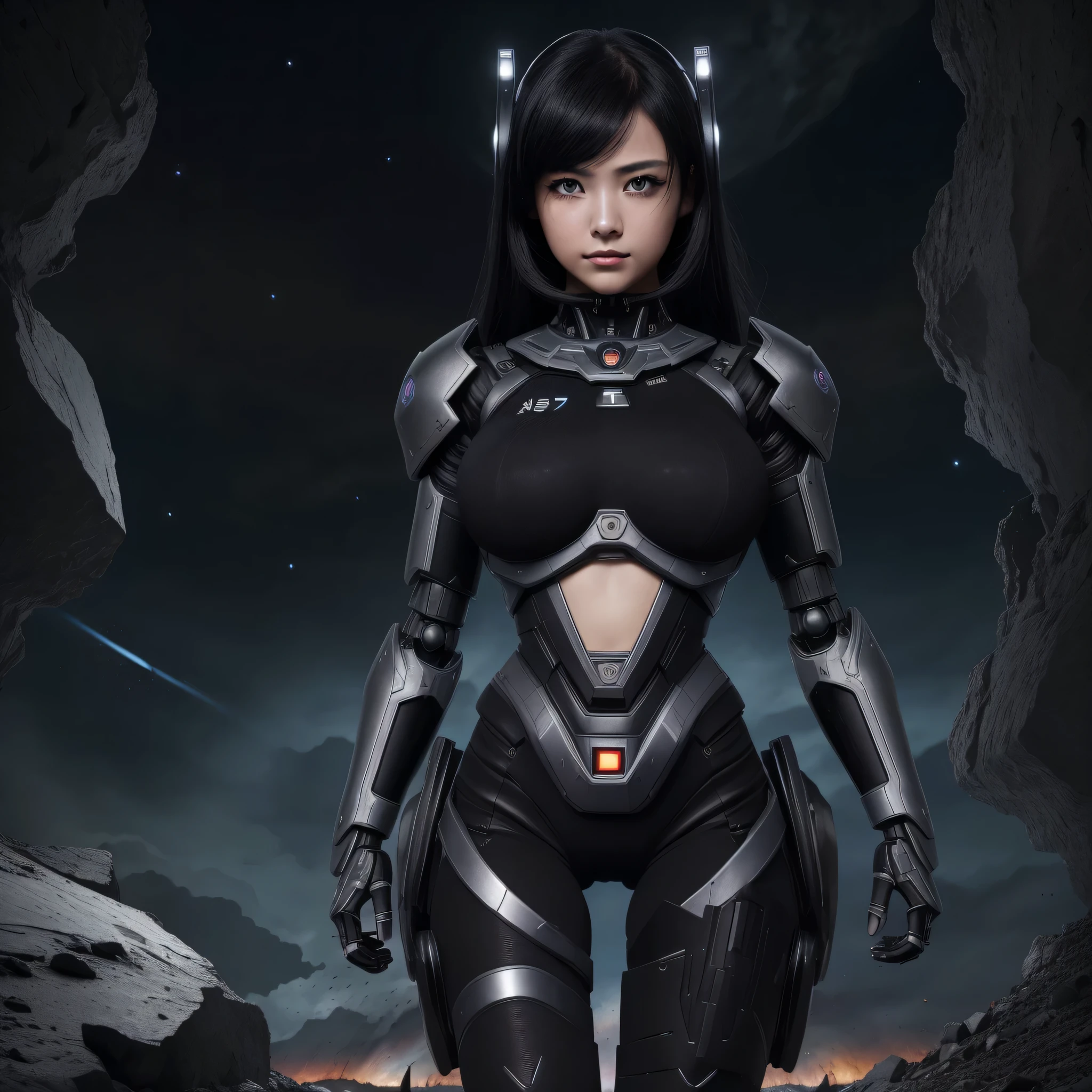 top-quality、Top image quality、​masterpiece、Mecha Girl((18year old、Black and gray mechanical parts、Robot joints,Black tights,Bust 100、A dark-haired、Staring at the viewer、Breasts wide open,Large valleys、、Blue Eye、Dye cheeks、fighting poses)）hiquality、depth of fields、Background with((World of the Apocalypse、Black sky))、Depth((planet earth))