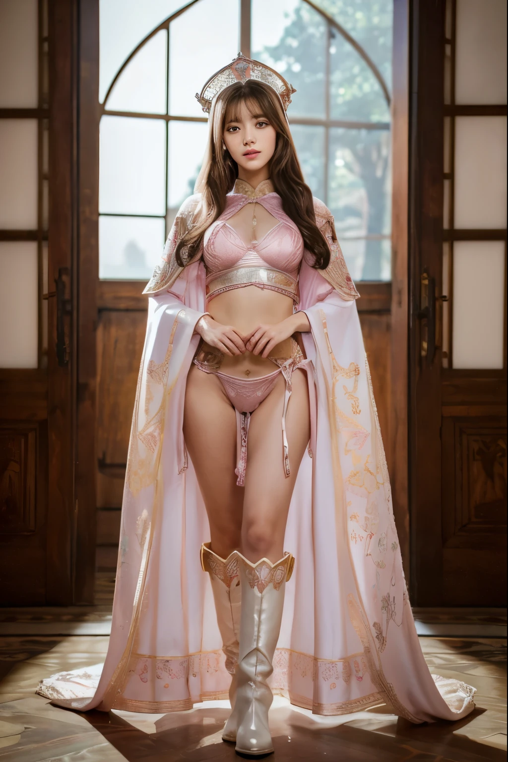 beautiful and delicate woman,Very detailed eyes and face, delicate eyes, Super detailed, high resolution, The content is very detailed,best quality,Enlightenment,Unite,8k wallpaper,masterpiece,best quality,Vision，1 girl，Wear sexy pink bikini armor，Armor has patterns，Metallic style pink priest cloak，priest hat，standing posture，long legs，Put on pink boots，look at the audience，Face the audience，flowing long hair，Surreal 8000g，Impeccable，masterpiece，professional artwork，famous artwork，light，movie bloom，perfect face，pretty face，fantasy，Dreamy and magical，not real，intricate details，Exquisite pattern⋯⋯Korean woman’s face