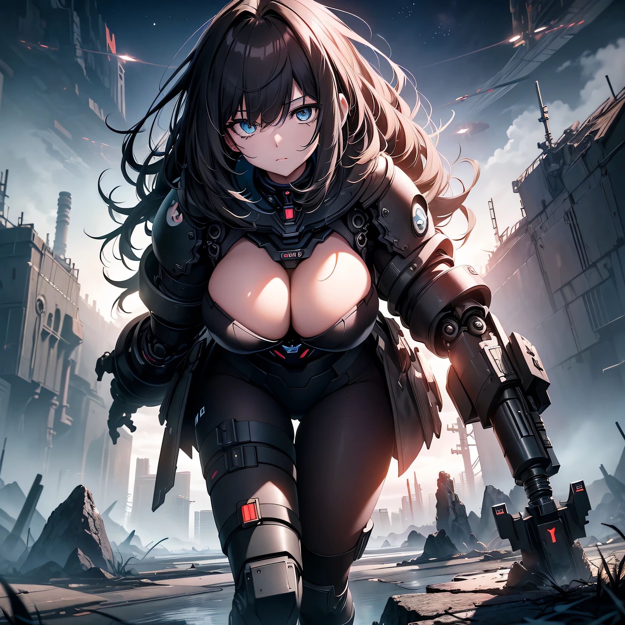 top-quality、Top image quality、​masterpiece、Mecha Girl((18year old、Black and gray mechanical parts、Robot joints,Black tights,Bust 100、A dark-haired、Staring at the viewer、Breasts wide open,Large valleys、、Blue Eye、Dye cheeks、fighting poses)）hiquality、depth of fields、Background with((World of the Apocalypse、Black sky))、Depth((planet earth))