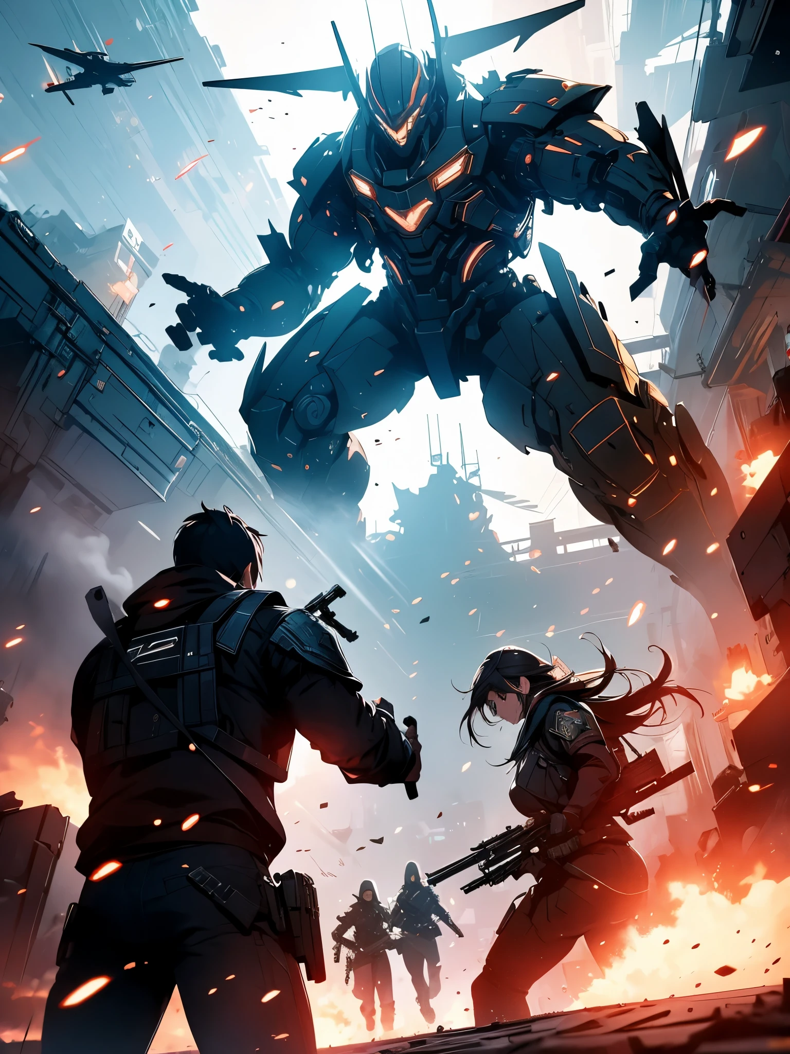 Cinematic battle space scene with humans in gunfight, explosions, navios espaciais, Destruction and volumetric lighting. muito detalhado.)