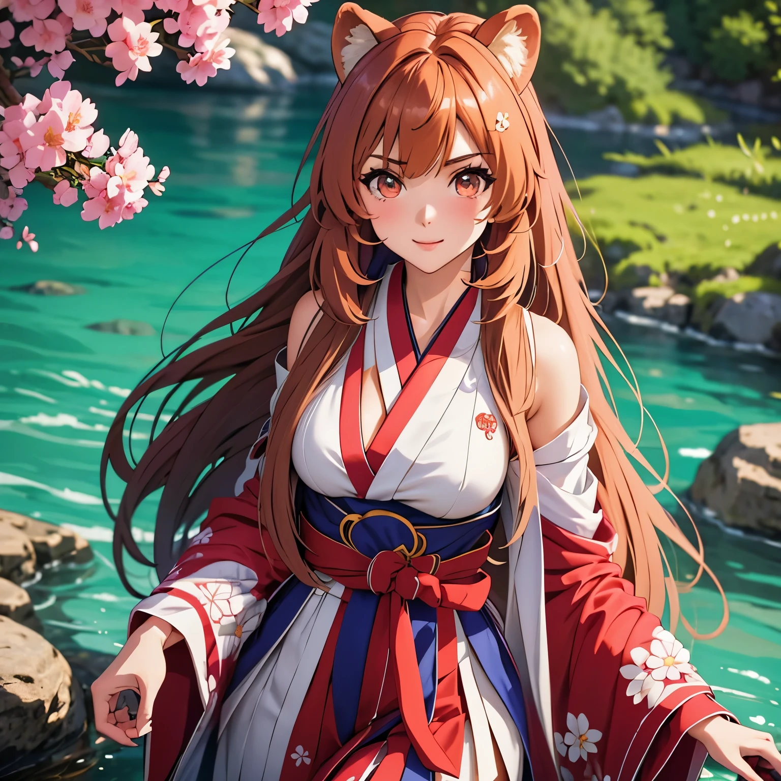 Raphtalia. attractive 28 year old woman with detailed light skin. . ojos rojos brillantes. orejas de oso , pechos muy grandes. rubor, rostro hermoso. sonrisa feliz, disfraz miko. kimono parte superior blanco parte inferior rojo, pink flower belt, pechos enormes. Japanese Garden Background. escote. alta calidad, obra maestra orejas de animal, escote, enfoque en sus pechos. cuerpo completo. pechos grandes escote. pechos enormes.
