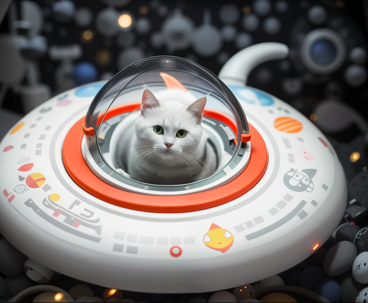 There is a cat sitting in a spaceship,, astronaut cat, space cat, The cat that summons the spaceship, cat in space, kitten from outer space, in a space ship, micro spaceship, world boss kitten, cat floating in the air, cat from void，The spaceship looks simple，There are cute patterns on the outside of the spaceship