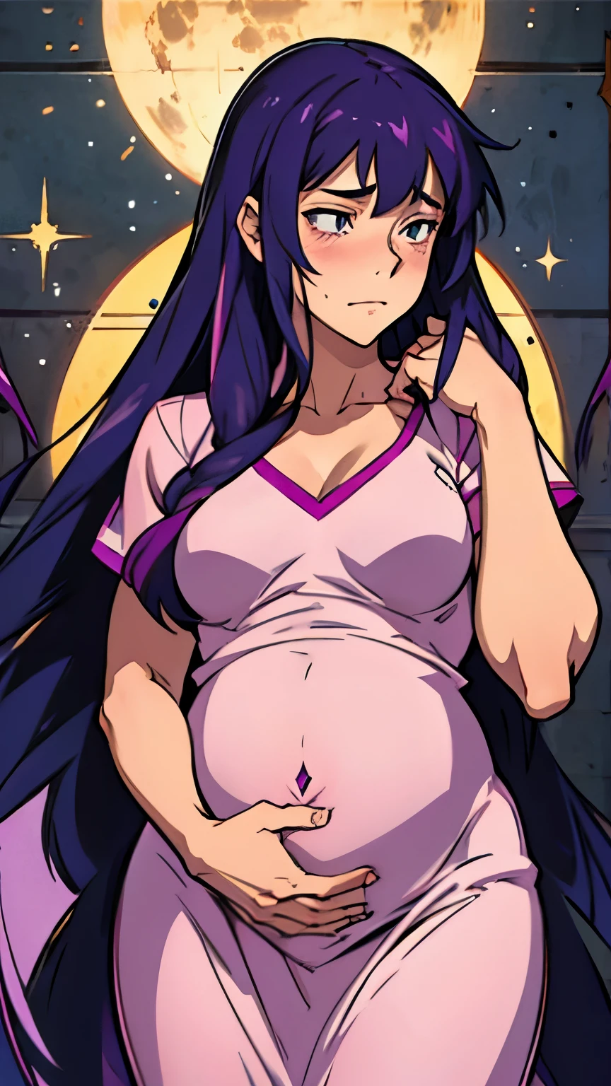 highest quality、body pillow cover、Erotic、Doujin、ribbon、whole body、Completely naked、pussy line、smooth stomach、premiere,
(purple hair),(pregnancy),
(Stars in the Eyes,sparkle in the eyes,
clear eyes, beautiful six-pointed star eyes),