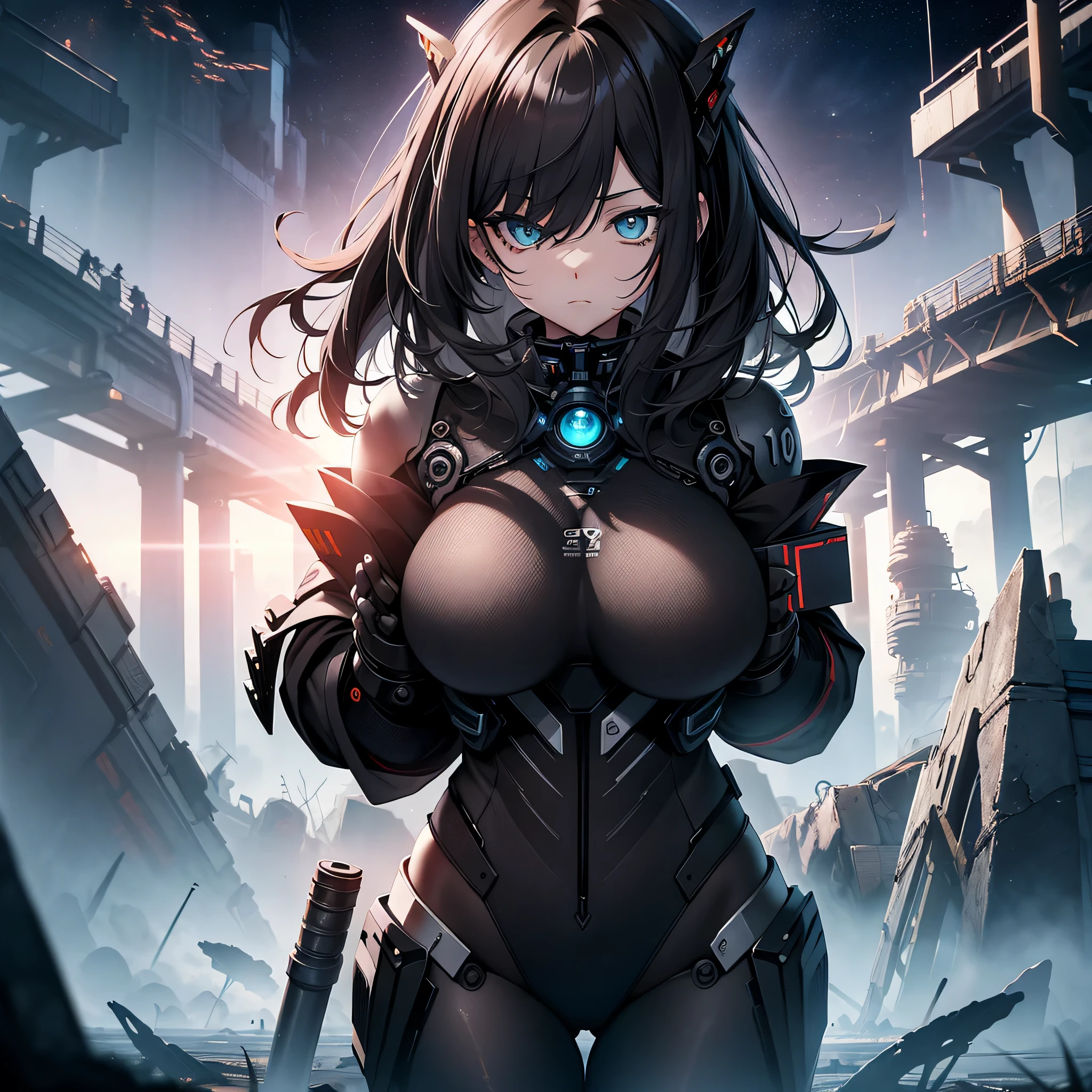 top-quality、Top image quality、masterpiece、Mecha Girl((18year old、Black and gray mechanical parts、Robot joints,Black tights,Bust 100、A dark-haired、Staring at the viewer、Breasts wide open,Large valleys、、Blue Eye、Dye cheeks、fighting poses))hiquality、depth of fields、Background with((World of the Apocalypse、Black sky))、Depth((planet earth))