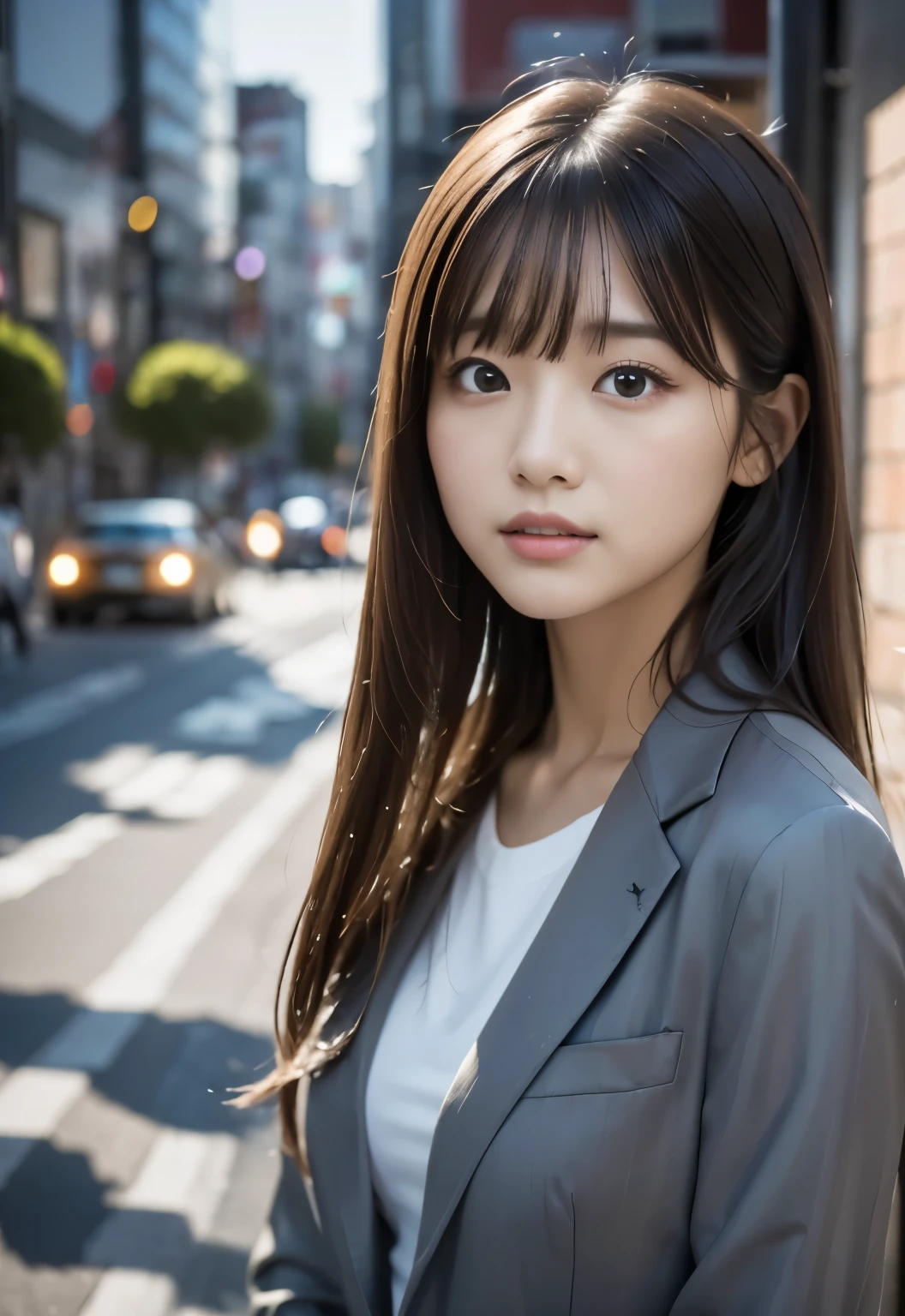 (((City of the Day:1.3, outdoor, Photographed from the front))), ((long hair:1.3,suit,japanese woman, cute)), (clean, natural makeup), (highest quality, masterpiece:1.3, 超High resolution), (Super detailed, caustics), (realistic:1.4, RAW shooting), very detailed, High resolution, 16K resolution