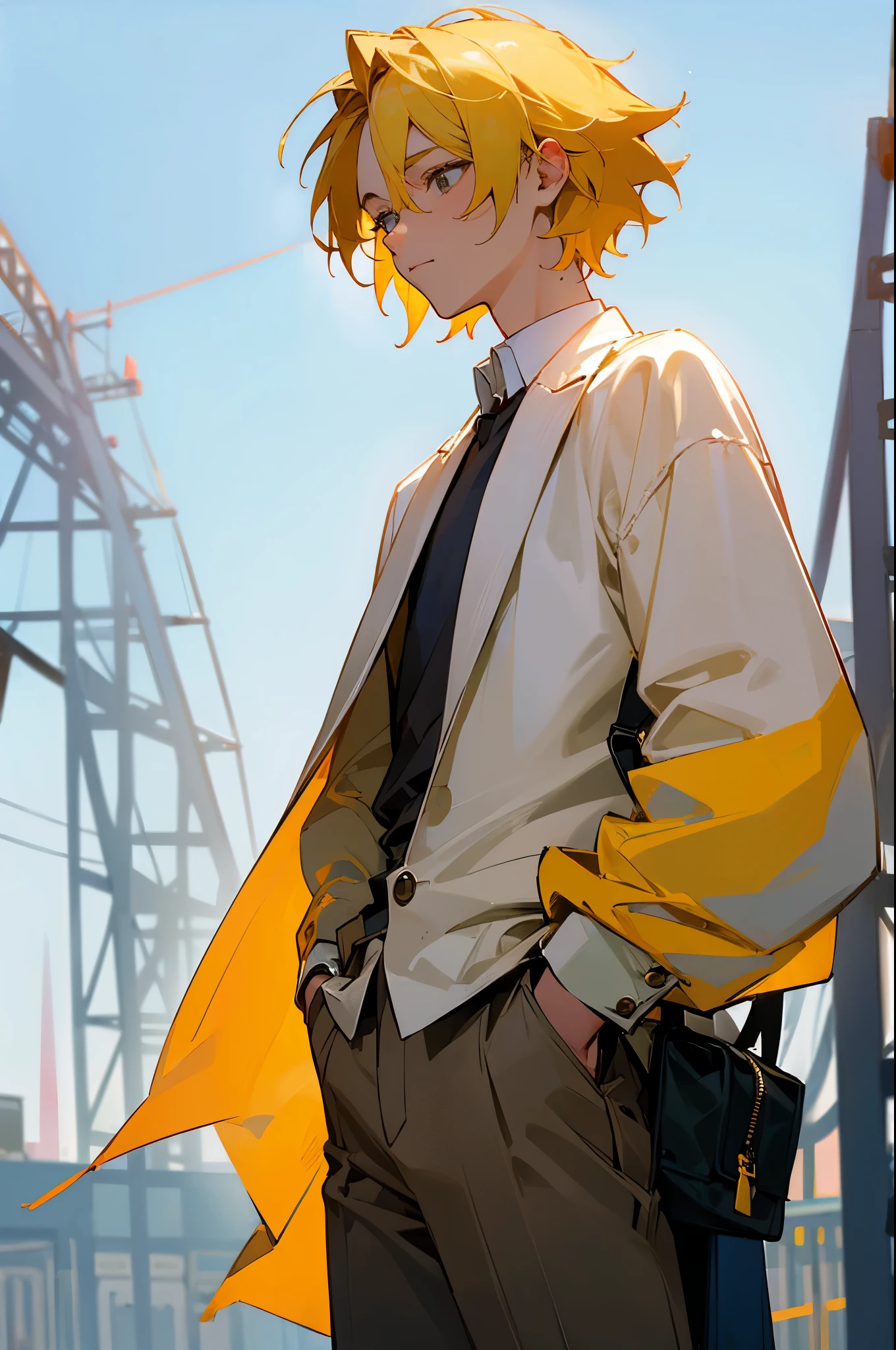 (((master piece))),((best quality)),((((park)))), detailed,1boy, standingn, yellow hair,white shirt,buttoned sweater,pants,both arms in pockets, close up, upper torso
