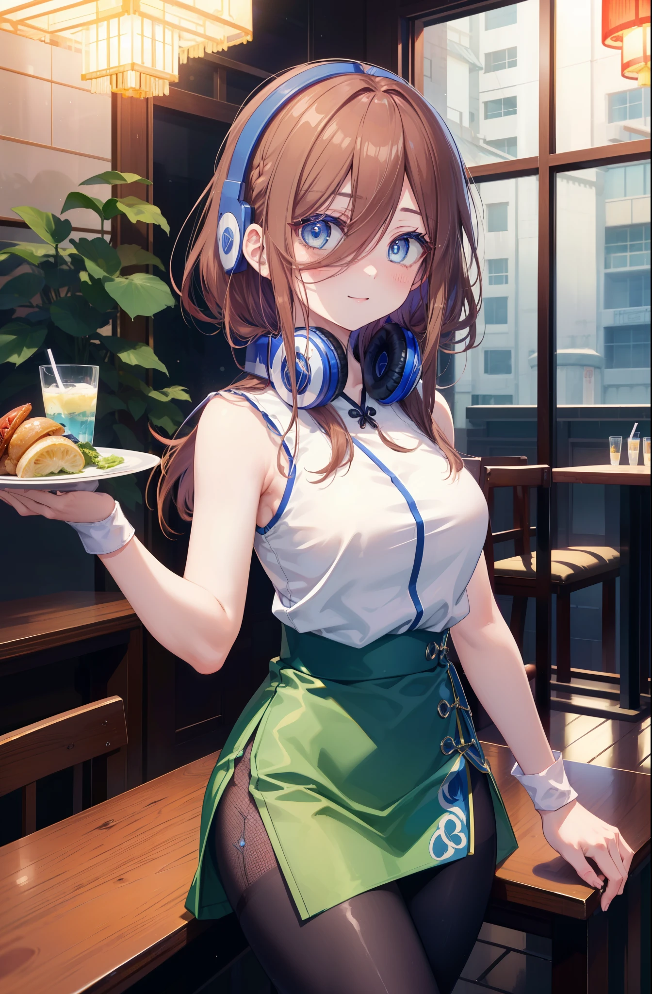 Miku Nakano, Miku Nakano chicke iii, long hair, bangs, blue eyes, brown hair, hair between eyes, smile,blush,headphones around neck,blue sleeveless cheongsam,blue long slit skirt,Fishnet tights,stiletto heels,indoor, remainder, food, drink, table and chairs, cleaning, tray, tray in one hand
break indoors, Chinese style restaurant,
break looking at viewer, (cowboy shot:1.5), (Upper body:1.5),
break (masterpiece:1.2), highest quality, High resolution, unity 8k wallpaper, (figure:0.8), (detailed and beautiful eyes:1.6), highly detailed face, perfect lighting, Very detailed CG, (perfect hands, perfect anatomy),