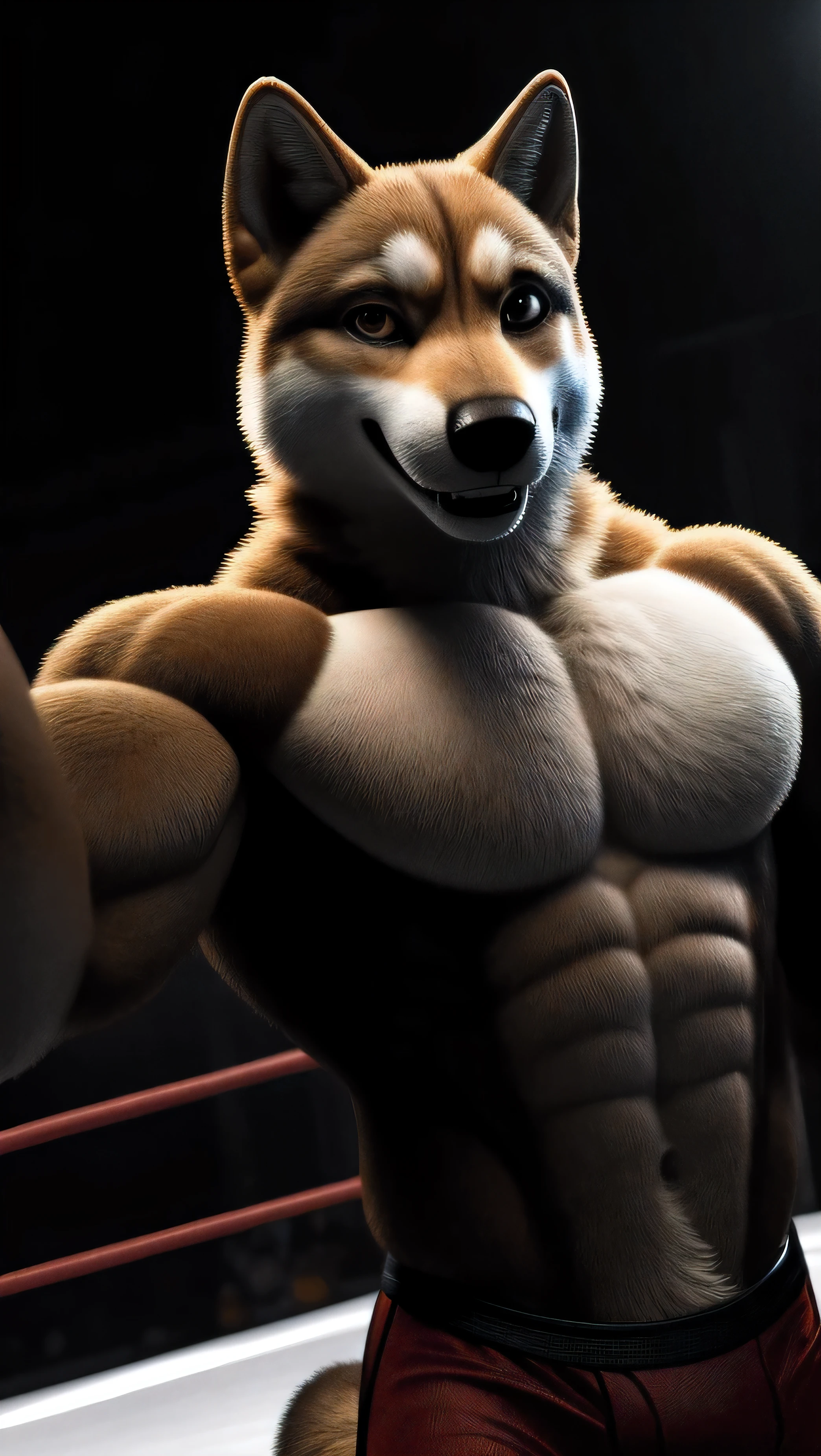 Shiba Inu dog fur costume, muscular, Very hyped, lonely boxer, alone in the ring, very dark brown eyes, I look at the viewer, Cool smile, belt, medium shot, 3D cinematic style, unique and original appearance.