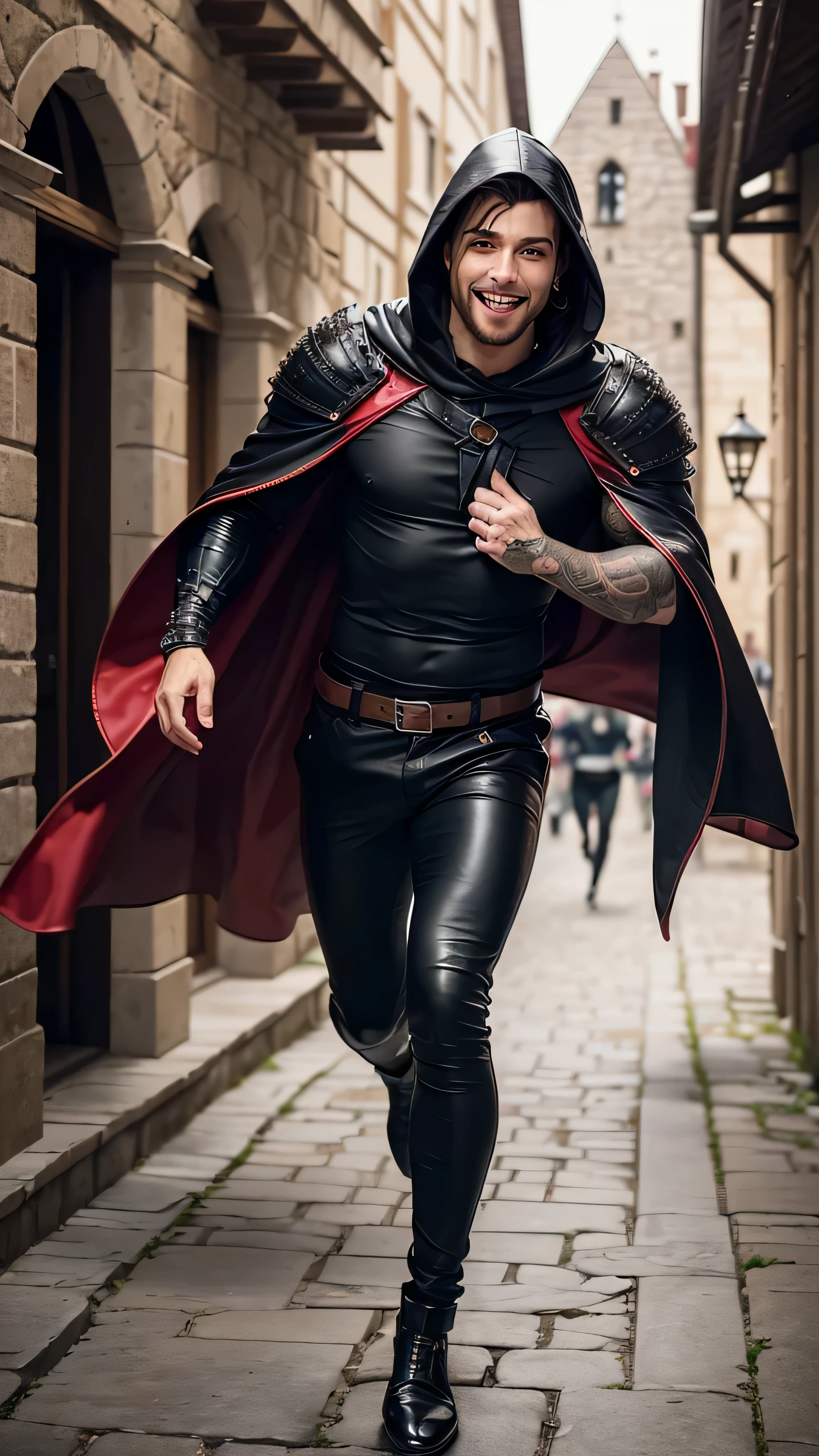 ((best quality: 1.5)) ((masterpiece: 0.8)), intricate details, sharp focus, professional, real life, realistic representation of the face, dynamic pose, in the style of realistic and hyper detailed renderings BREAK (((athletic masculine man, ((body tattoos:0.4, ((modest leather medieval armor, loose black sailor pants, (crimson cloak, hood, medieval castle courtyard outdoor crowded street, laughing, running away), man male dude)))), ((((long black wavy hair)), [flat chest:medium breasts:0.8])), smiling, freckles: 0.7))), photorealistic, hyper-realistic, 8k