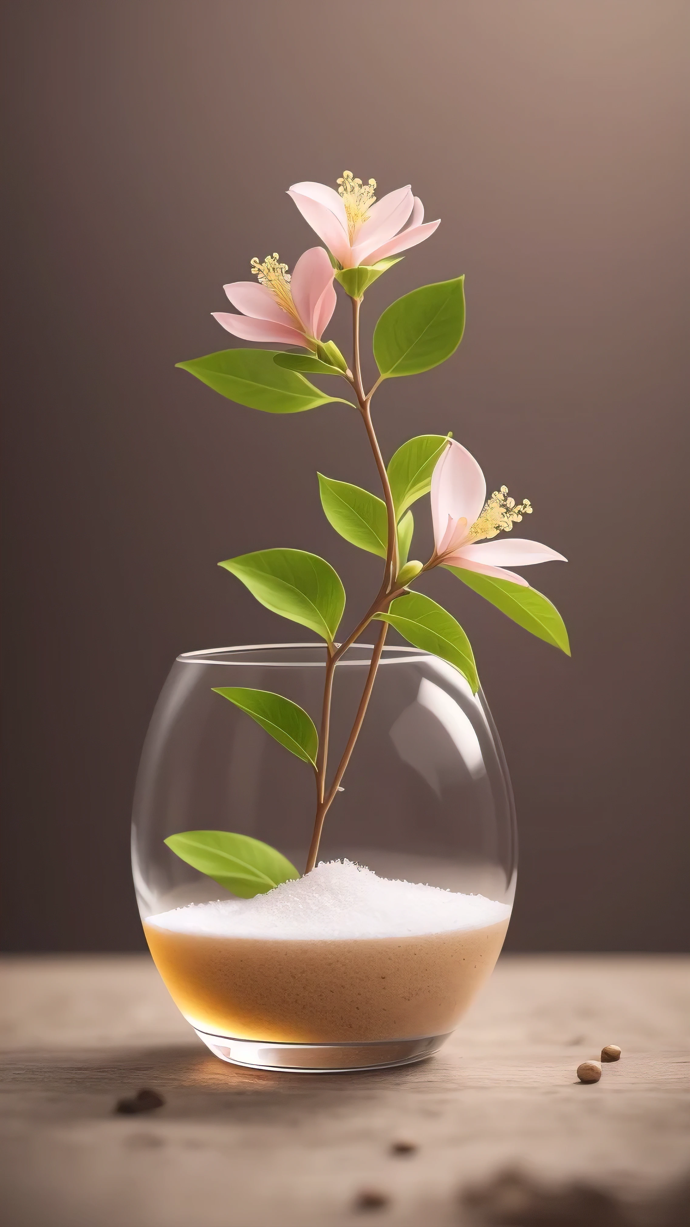 plant, snowflake (food bar), still life, winter, peach blossom, rock garden, bonsai tooth, haze, Fine details, Ultra Fine details, Intricate details, movie style, Surrealism柔光, studio lighting, Diffuse soft light, Shallow depth of field, keen focus group, Ray tracing, subsurface scattering, Super detailed (complicated, detailed, Super exquisite) detail, Surrealism.