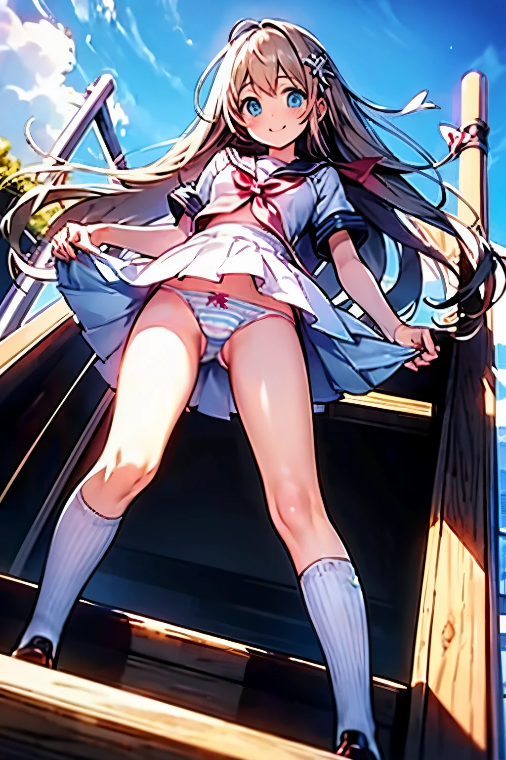 highest quality、sharp contour lines、beautiful and fine lines、open your legs from below from the ground high school girl 、sailor suit uniform、pearl string panties look away and peek