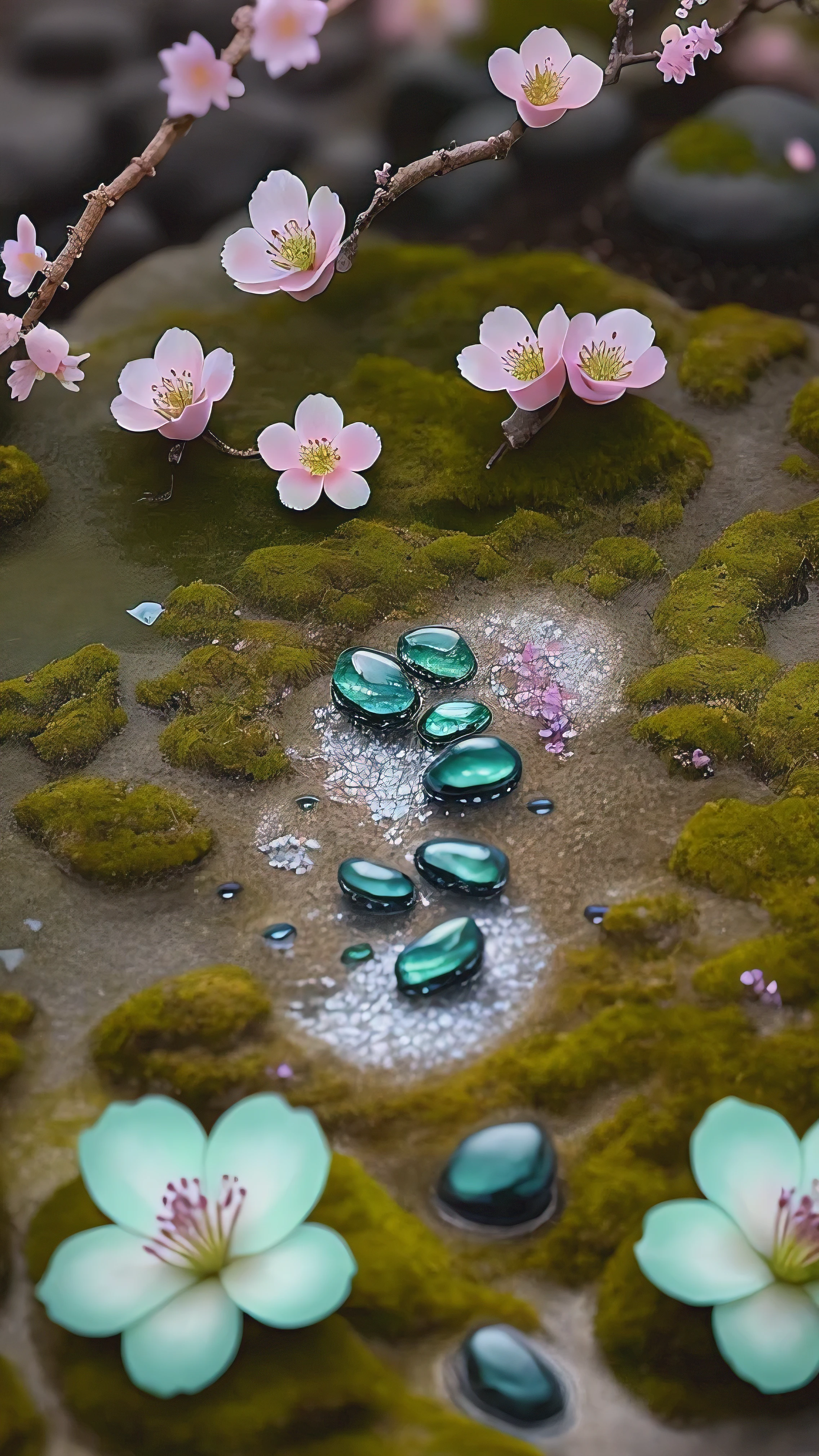 Mossy feet on stones in green valley,A plum blossom,petals huge,honey green blue,Pink,There are dewdrops on the petals,HD quality,Real shot。