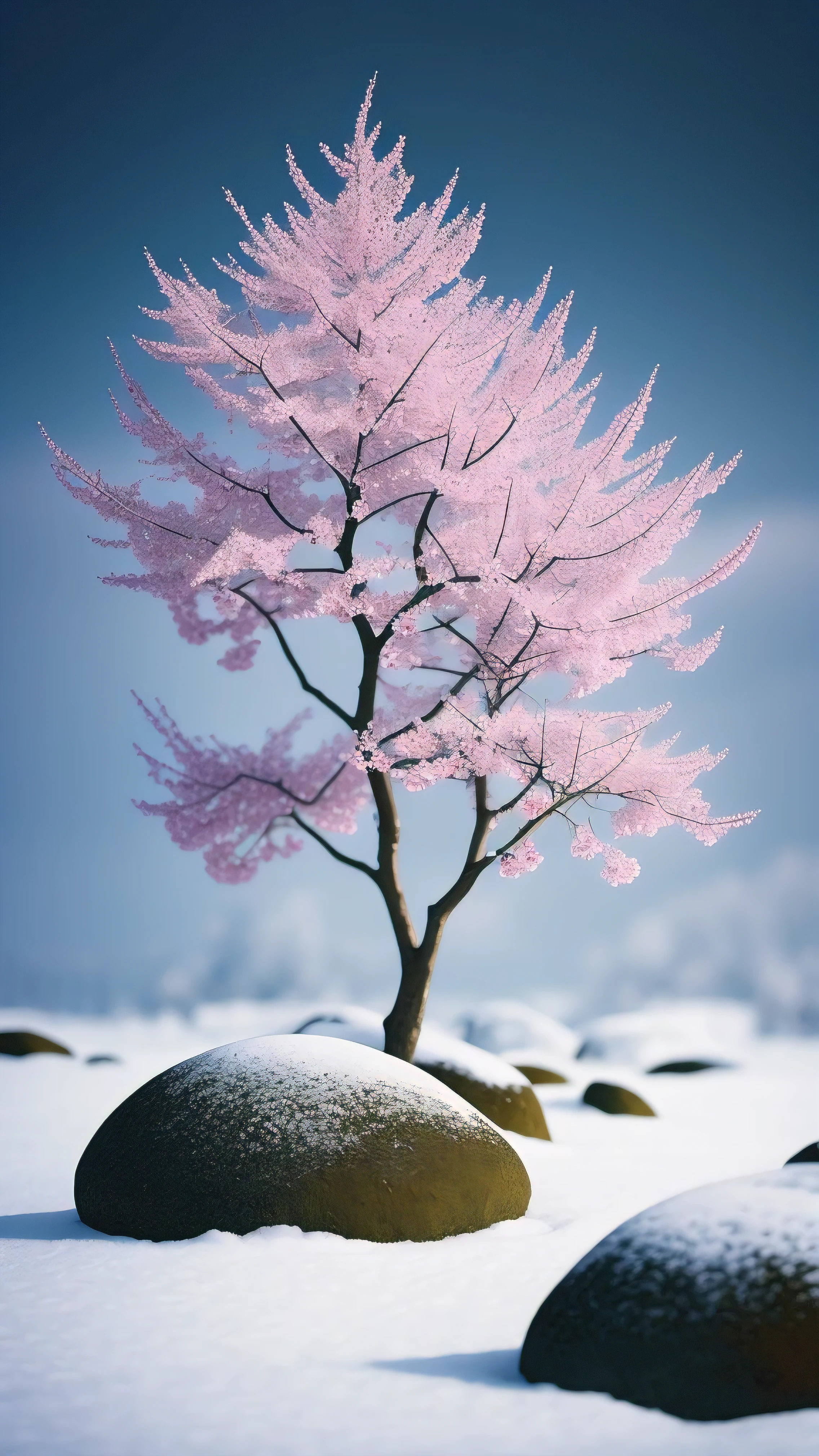 plant, snowflake (food bar), still life, winter, peach blossom, rock garden, bonsai tooth, haze, Fine details, Ultra Fine details, Intricate details, movie style, Surrealism柔光, studio lighting, Diffuse soft light, Shallow depth of field, keen focus group, Ray tracing, subsurface scattering, Super detailed (complicated, detailed, Super exquisite) detail, Surrealism, (marble) dark sky