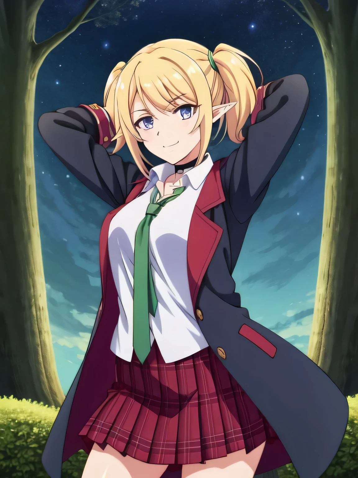 chloe-school, twintails, purple eyes, blonde hair, pointy ears, st. theresa's girls academy , pleated skirt, plaid skirt, red skirt, choker, black coat, green necktie, , closed mouth, solo, cowboy shot, night sky, forest, arms behind head, contrapposto, spread armpits, smile, high quality,