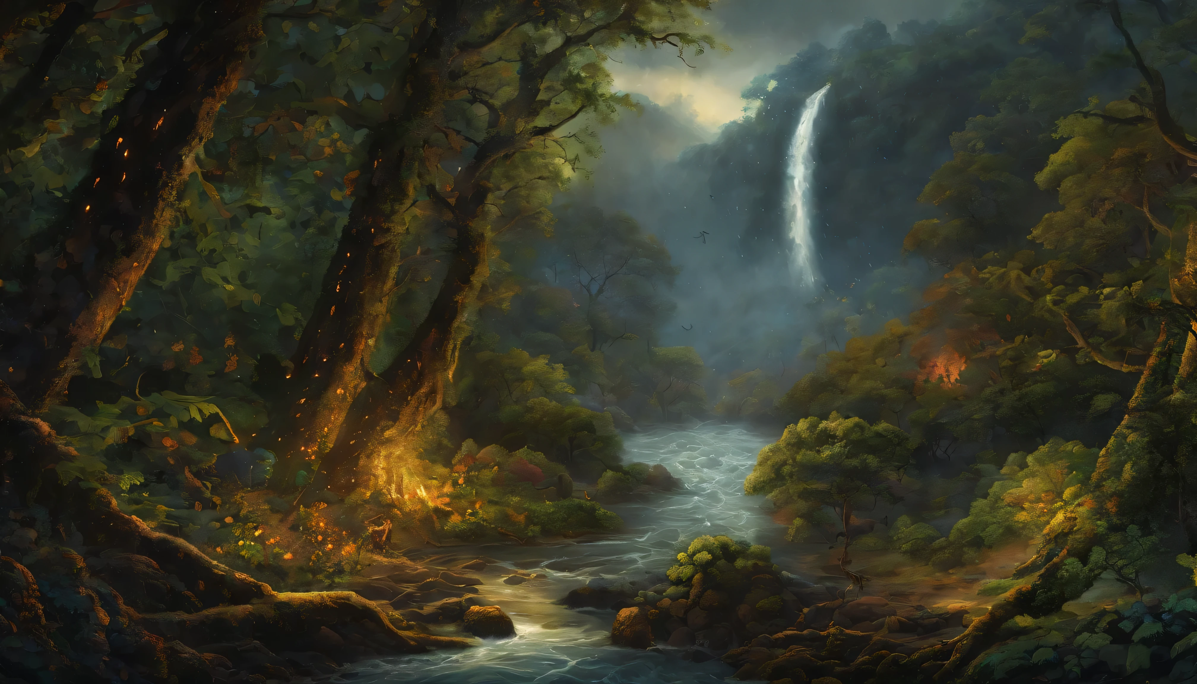 Design an image depicting an intense night storm scene over an ancient rainforest. The sky above is a canvas of chaotic beauty, with lightning bolts illuminating the dense canopy below. Each flash reveals the rich, wet leaves of towering trees and the intricate ecosystem that thrives under their shelter. The storm's fury is juxtaposed with the enduring calm of the forest, highlighting the timeless dance between nature's tempests and the tranquility of the ancient woodlands. Include the occasional glimpse of a waterfall or river, its waters surging in response to the downpour, adding to the scene's dynamic beauty.