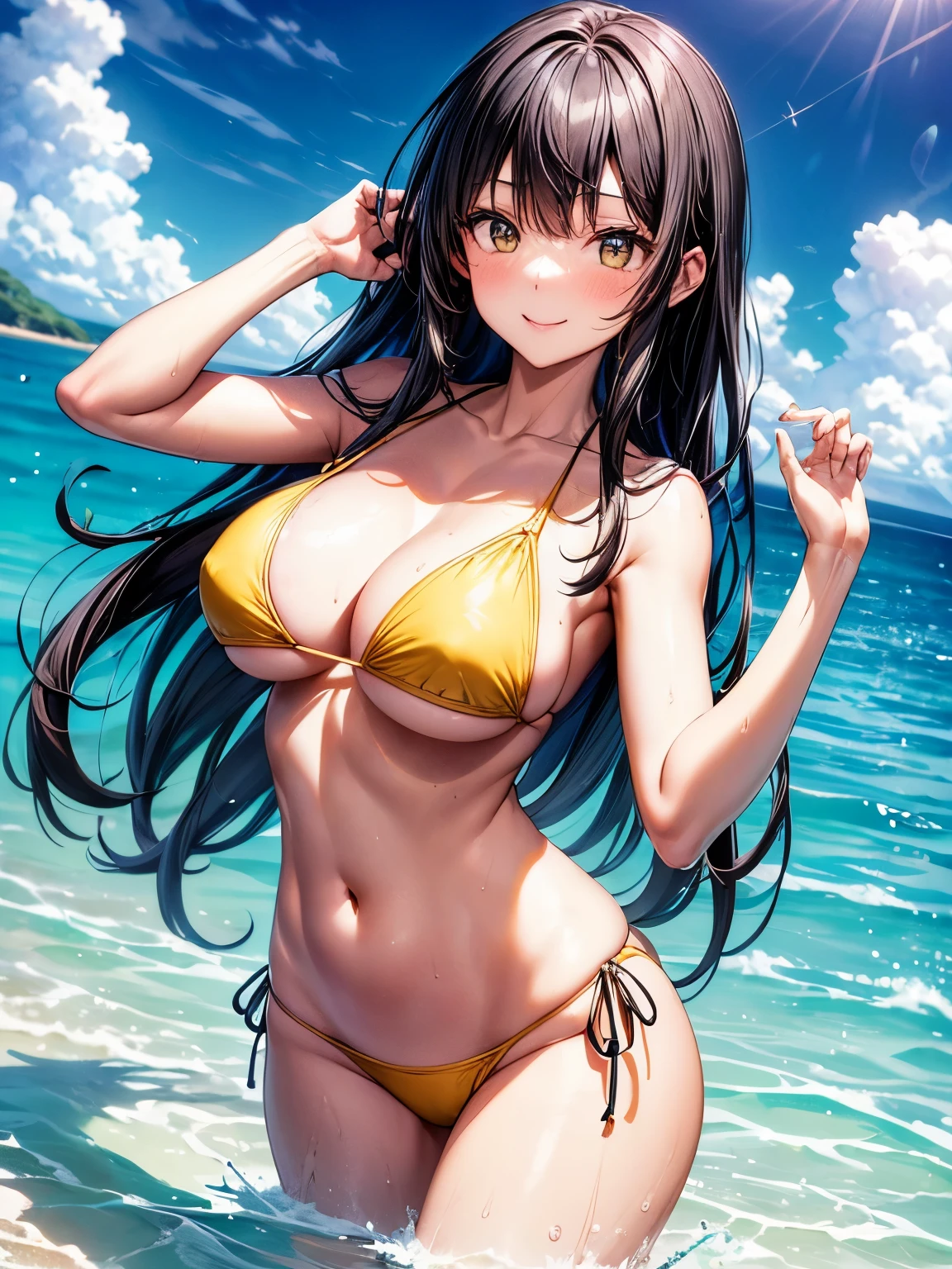 highest quality、complete limbs、one beautiful woman、(black haired woman:1.3)、long hair woman、beautiful big breasted woman、big smile、(woman wearing a yellow bikini:1.3)、Ocean、resort area、beach、beautiful light blue water surface、Frolicking at the water's edge、wet texture