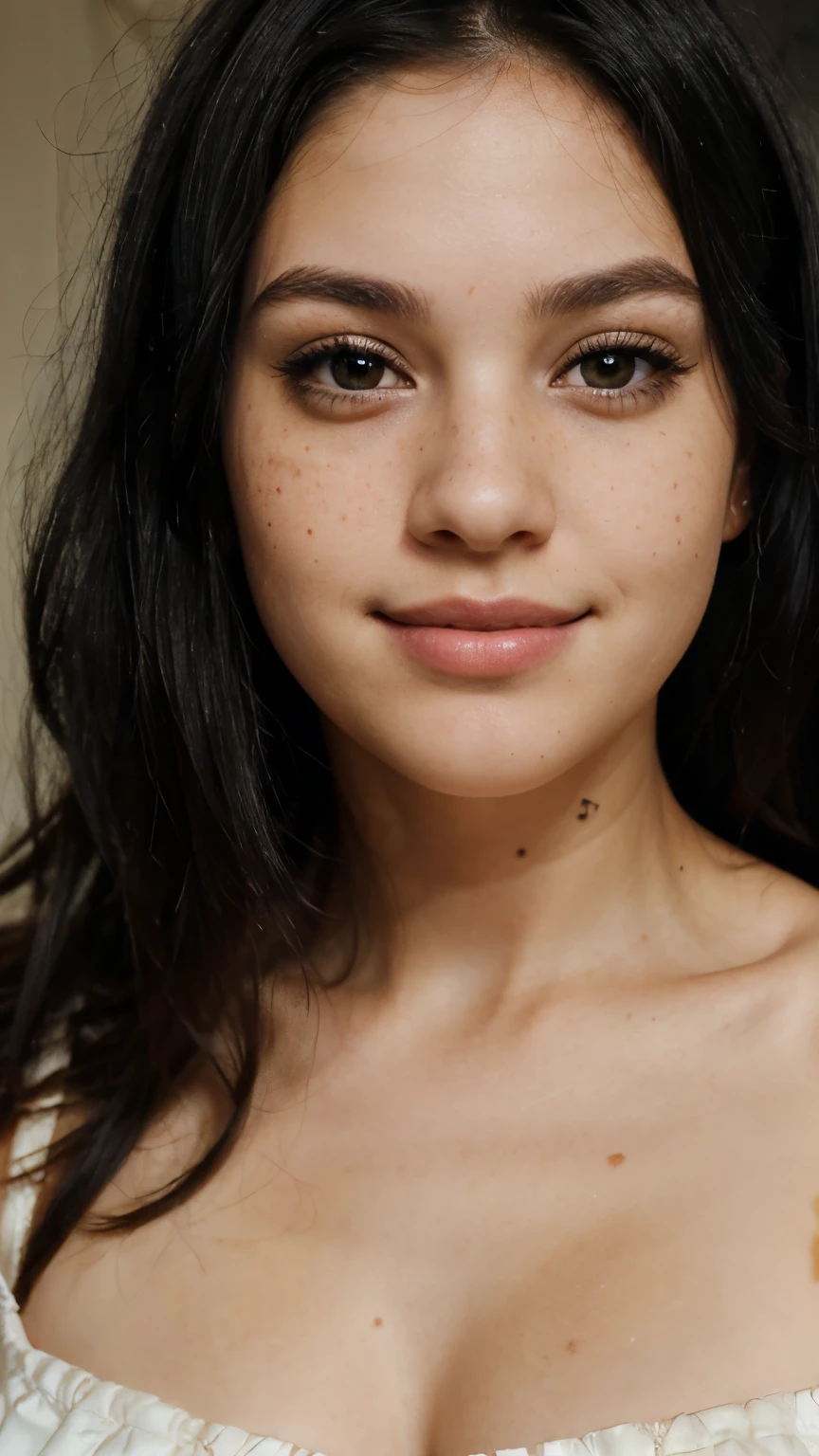 beautiful girl, smile, happy, close-up, full lips, round face type, (detailed dark brown eyes: 0.8), (looking at camera: 1.4), indoor (black hair: 1.3), studio dark, dull colors, freckles