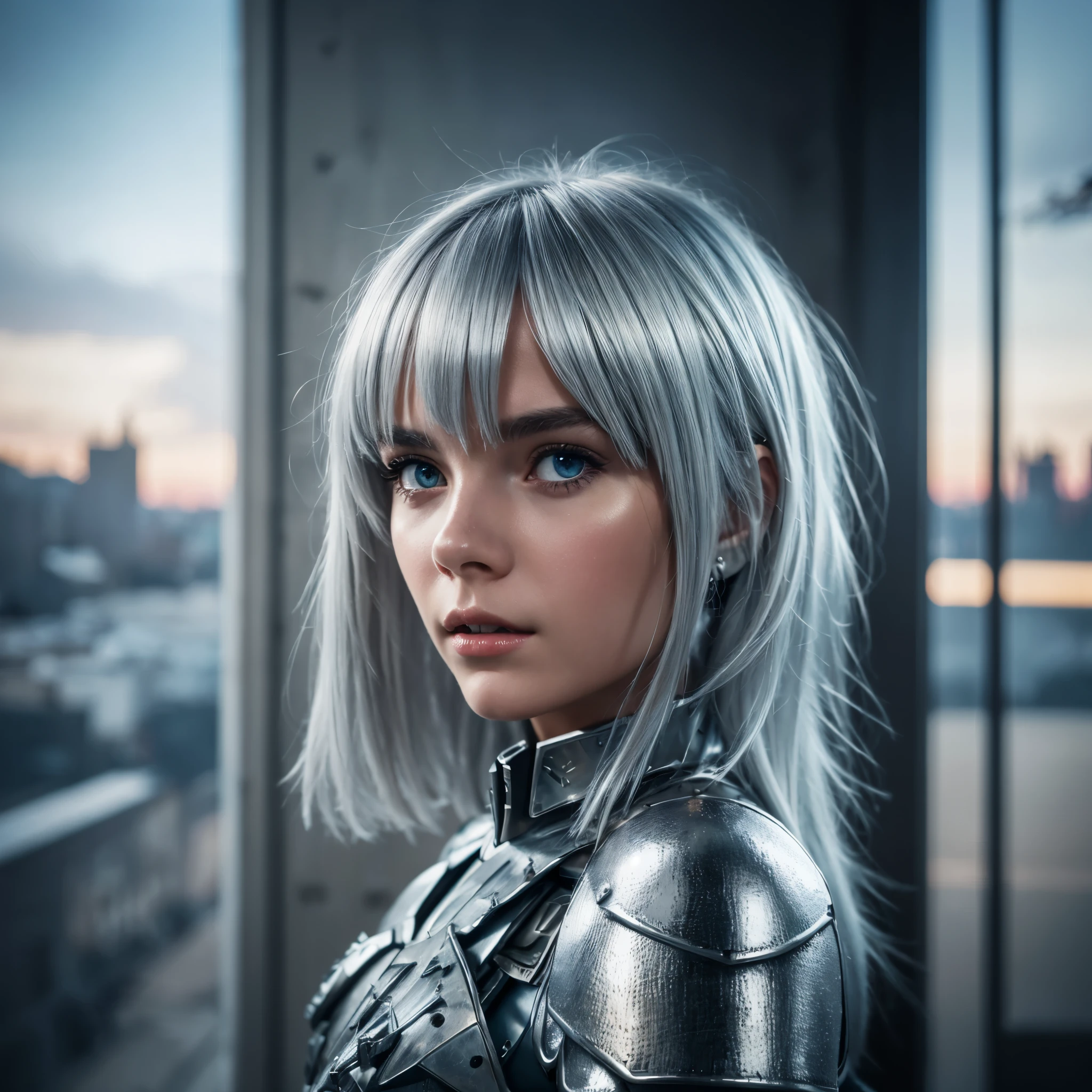 sweden 1girl,beutiful detailed face ,armored dress,silver hair,fantasy,town horizon,photorealistic, cinematic lighting,sharp focus, depth of field
