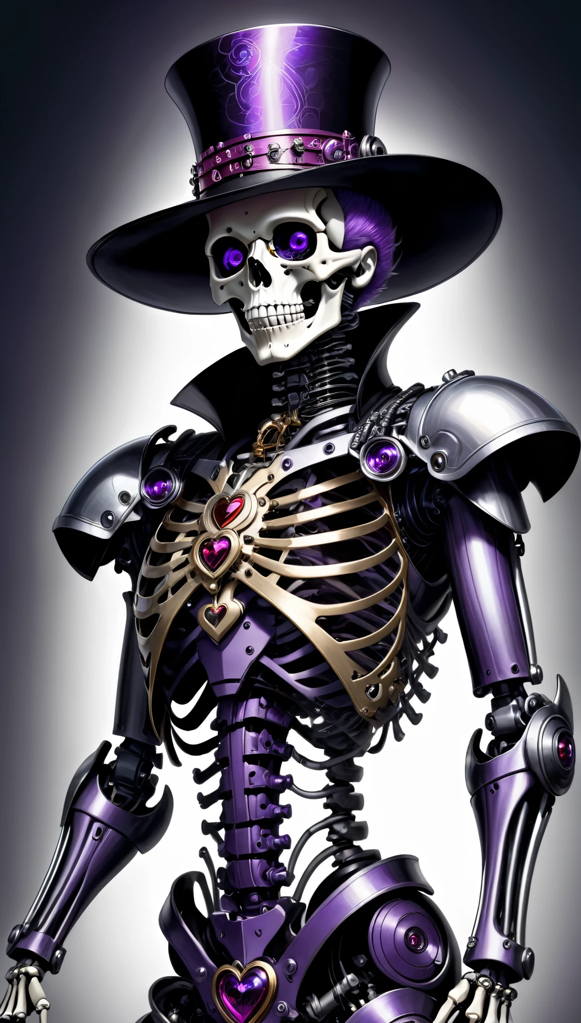(Pencil_Sketch:1.2, messy lines, greyscale, traditional media, sketch), full body shot, There is a photo of purple eyes, heart shaped collar, cosmetic, Smile, Intricate skeleton robot, Wearing a metal wide-brimmed hat, Beautiful biomechanical deity, translucent, Deep cyberpunk skeleton man, portrait of space, Biomechanical half-skeleton man, colorful punk, detailed portrait, concept art, diffraction peak, ultra high definition, Super details, high resolution, Art Deco, rococo style, high detail, Chromatic aberration abuse, rounded corners, Caustics, (Ultra-Wide Angle:1.8), High details, high quality, 16K