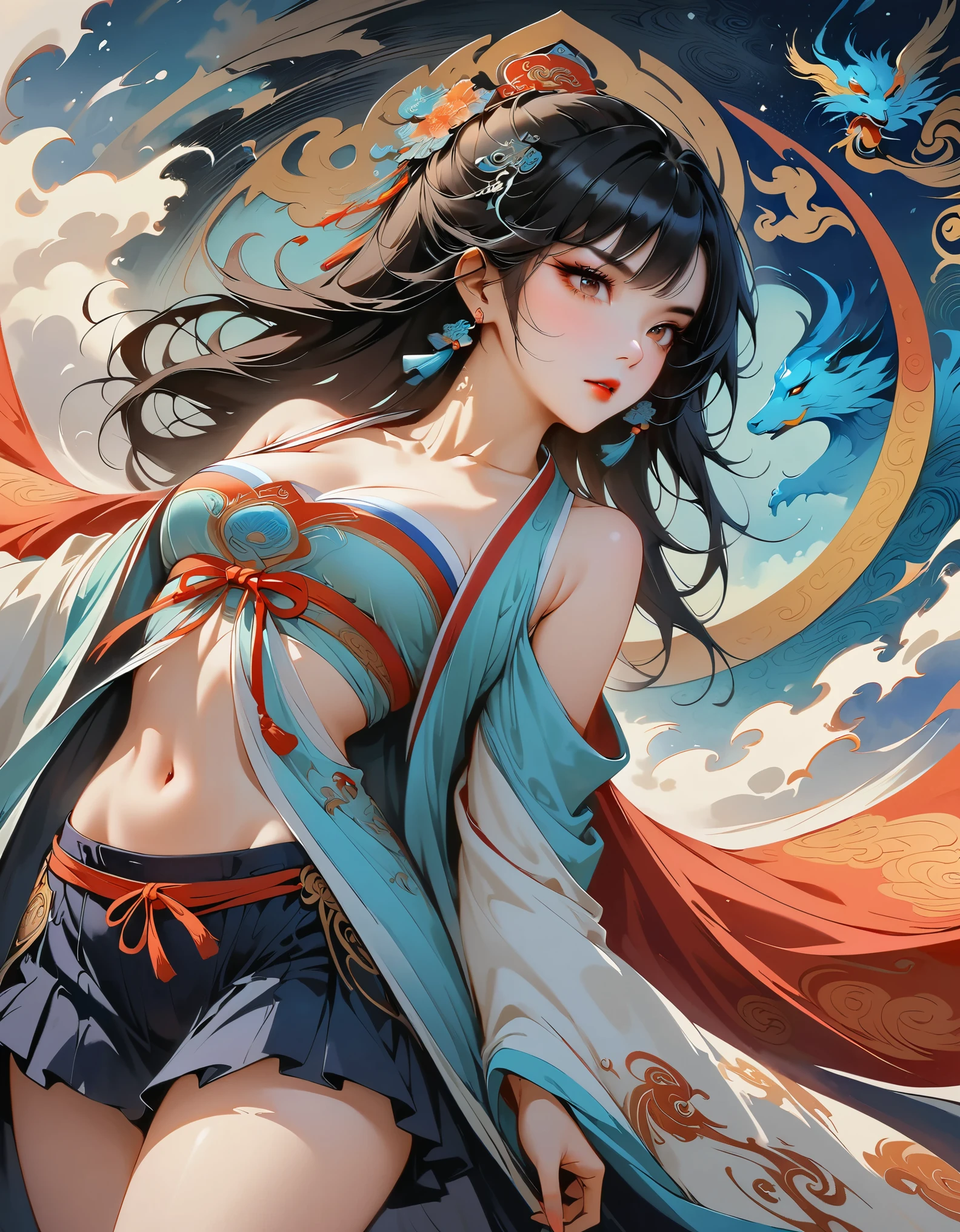 official art,unified 8k wallpaper,Super detailed,Beautiful and beautiful,masterpiece,best quality,(Zentangle,dispute,twist),(fractal art:1.4),1 girl,black hair,China人,bare shoulders,short skirt,calf,navel,Very detailed,dynamic angle,cowboy shooting,(The most beautiful form of chaos),flowing,(bright colors),Oak,(half: 1.2),China,(Thangka Feitian:1.5),(ribbon: 1.3), (Dream: 1.5), (hanfu:1.5),China人dragon,China人phoenix,(Smile:0.5),(China人 deity)，