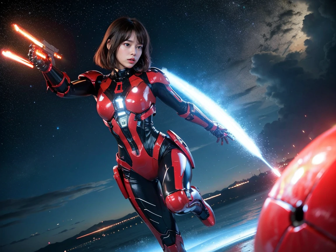 (Raw photo, highest quality), (realistic, Photoreal:1.3), 1 girl、realisticbody、strawberry battle suit costume、Meteor shower coming from space、Battle against reptilian aliens、shield and ray gun