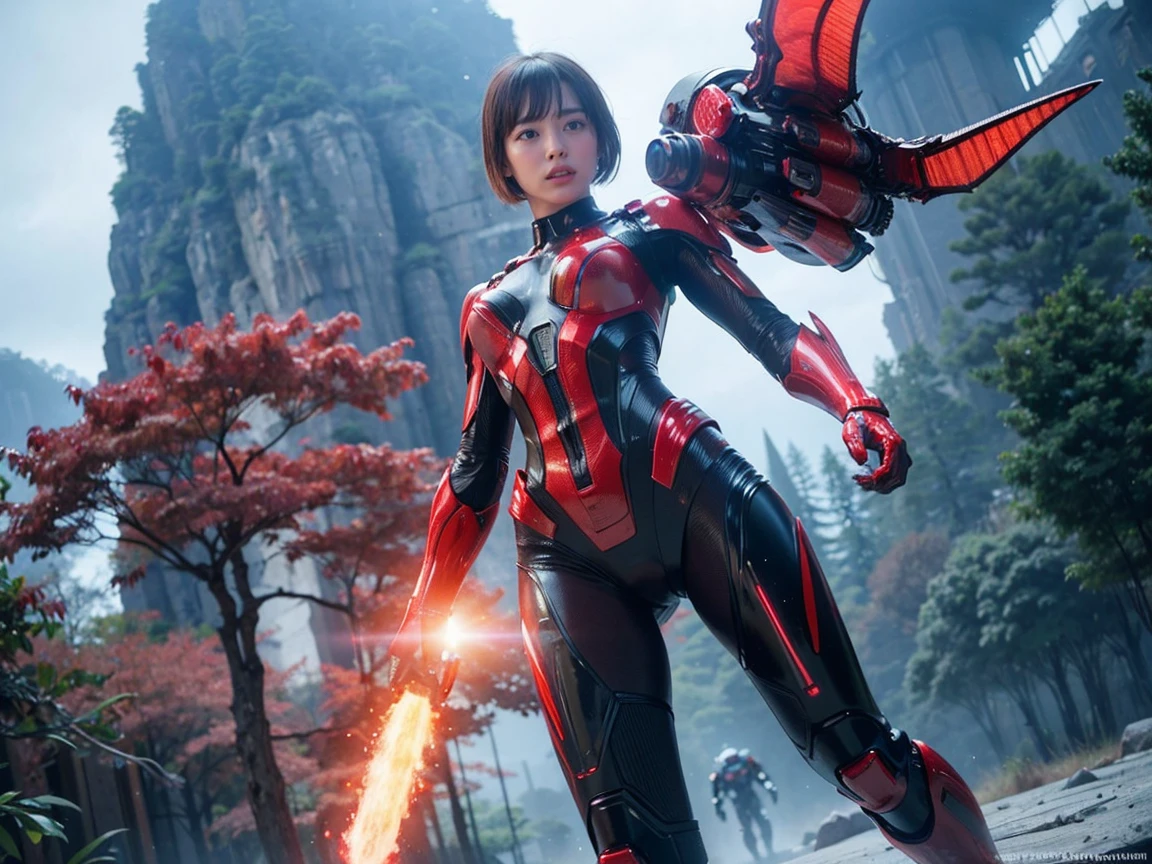 (Raw photo, highest quality), (realistic, Photoreal:1.3), 1 girl、realisticbody、strawberry battle suit costume、Meteor shower coming from space、Battle against reptilian aliens、shield and ray gun