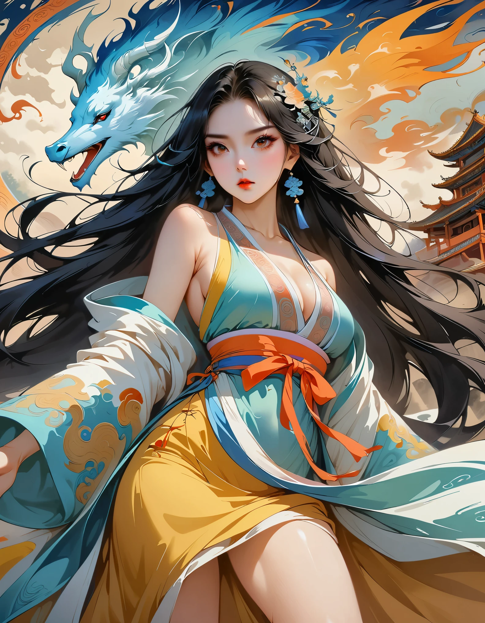 official art,unified 8k wallpaper,Super detailed,Beautiful and beautiful,masterpiece,best quality,(Zentangle,dispute,twist),(fractal art:1.4),1 girl,black hair,China人,bare shoulders,short skirt,calf,navel,Very detailed,dynamic angle,cowboy shooting,(The most beautiful form of chaos),flowing,(bright colors),Oak,(half: 1.2),China,(Thangka Feitian:1.5),(ribbon: 1.3), (Dream: 1.5), (hanfu:1.5),China人dragon,China人phoenix,(Smile:0.5),(China人 deity),