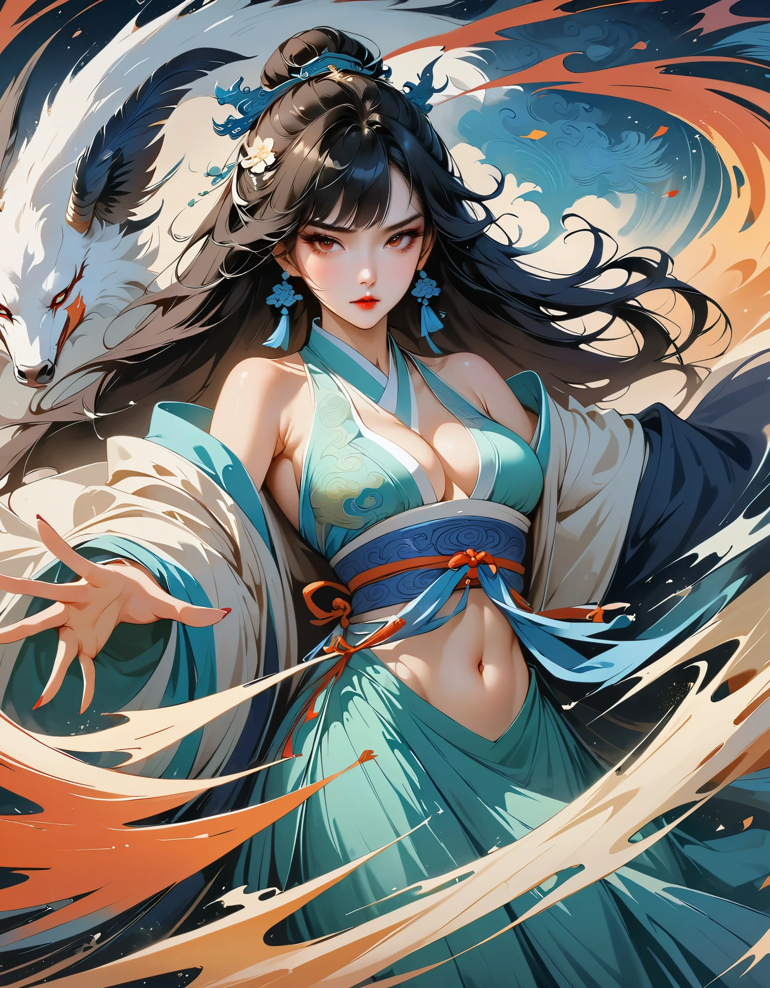 official art,unified 8k wallpaper,Super detailed,Beautiful and beautiful,masterpiece,best quality,(Zentangle,dispute,twist),(fractal art:1.4),1 girl,black hair,China人,bare shoulders,short skirt,calf,navel,Very detailed,dynamic angle,cowboy shooting,(The most beautiful form of chaos),flowing,(bright colors),Oak,(half: 1.2),China,(Thangka Feitian:1.5),(ribbon: 1.3), (Dream: 1.5), (hanfu:1.5),China人dragon,China人phoenix,(Smile:0.5),(China人 deity),