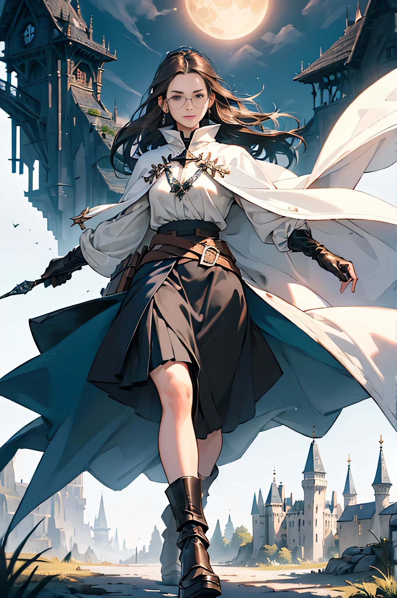 (((((girl))))), masterpiece, super detailed, 8K portrait, Raw photo, female portrait photography, full body, Highly detailed smile, ((fantasy)), (((hobbit))), ((adult)), 45 years old, 110cm, (((Alchemist))), ((white skin)), (((Greenish dark brown long straight hair))), dull bangs, (((navy blue silk long cloak))) fluttering in the wind, (((white inner coat))), long skirt leather gloves, (((Glasses))), (((equip a cane))), midday sun, surreal, slender body, Near the fog castle, environmental lighting, shadow details, focus the camera on the face, strong wind, light fog