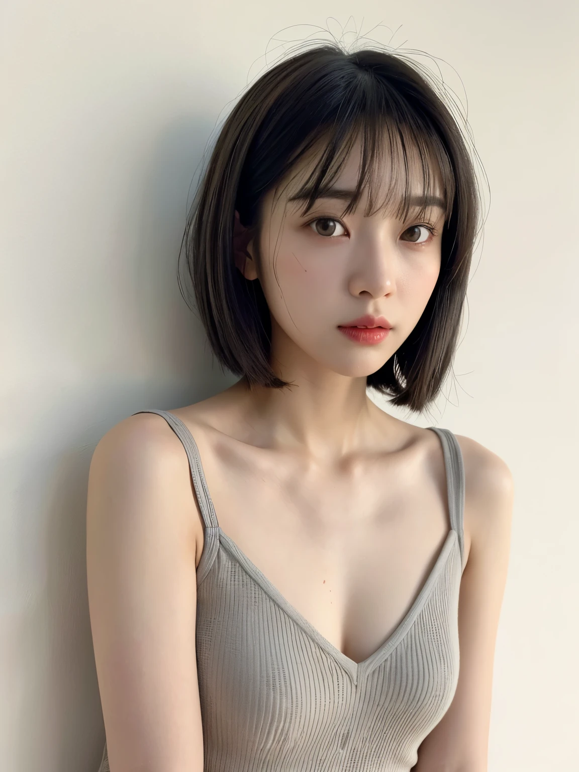 see-through tops、beige long sleeve dress、(背景にwhite wall、Part of the hair is light gray:1.4)、white wall、Taken in front of the white door、(窓のあるwhite wallの部屋)、((highest quality、8K、masterpiece:1.3))、ultra high resolution、(photogenuineistic:1.4)、RAW photo、Japanese,(face)、genuine、Photographed in natural light、Highly detailed face and skin texture、highly detailed lips、correct state of the human body、bob cut、bob hair、short hair、black hair、various poses、natural color lip