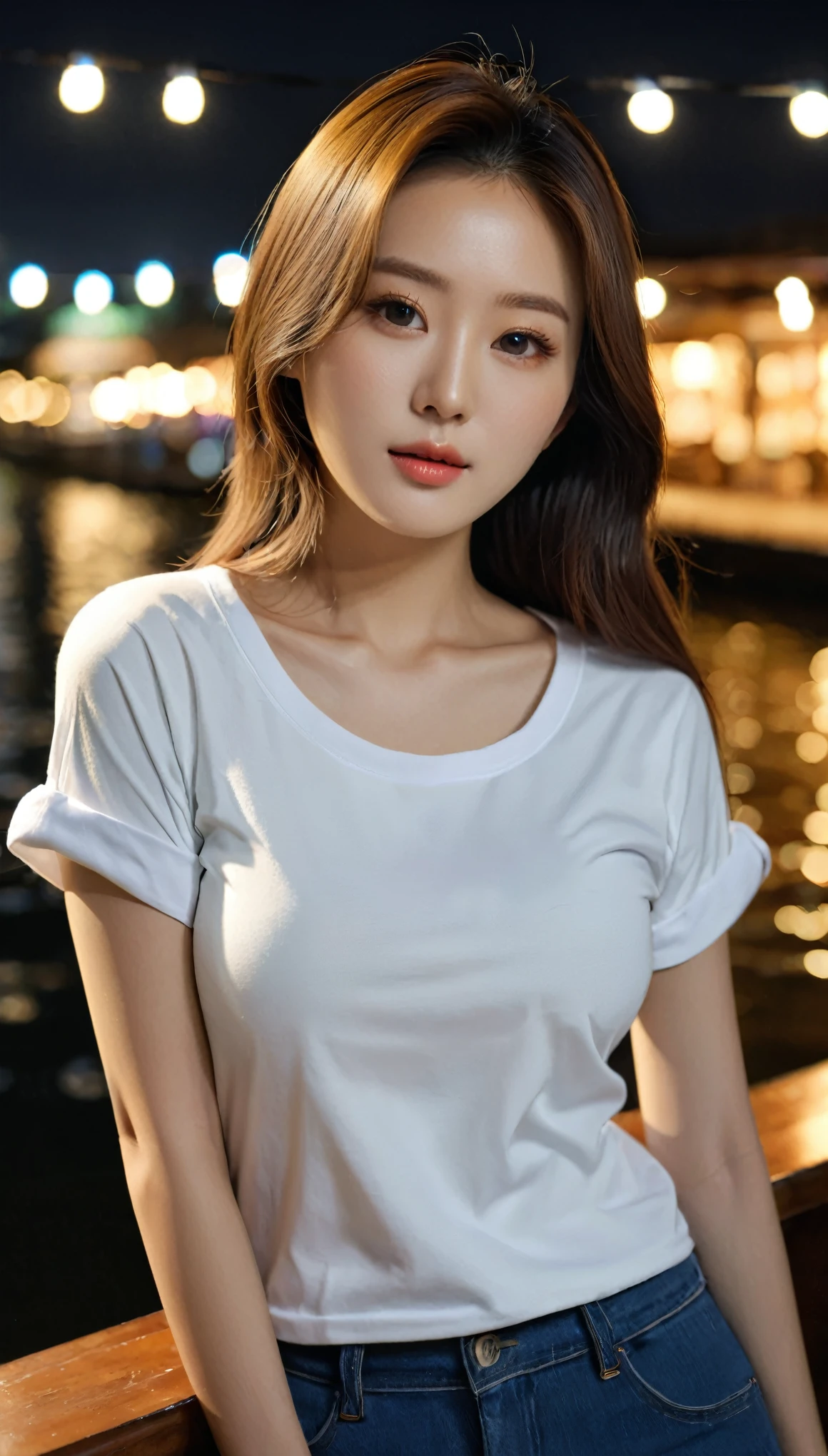 close-up shot of beautiful korean female, 36 inch breasts size, straight hair, wearing rolled sleeves t-shirt, at riverside bar, night