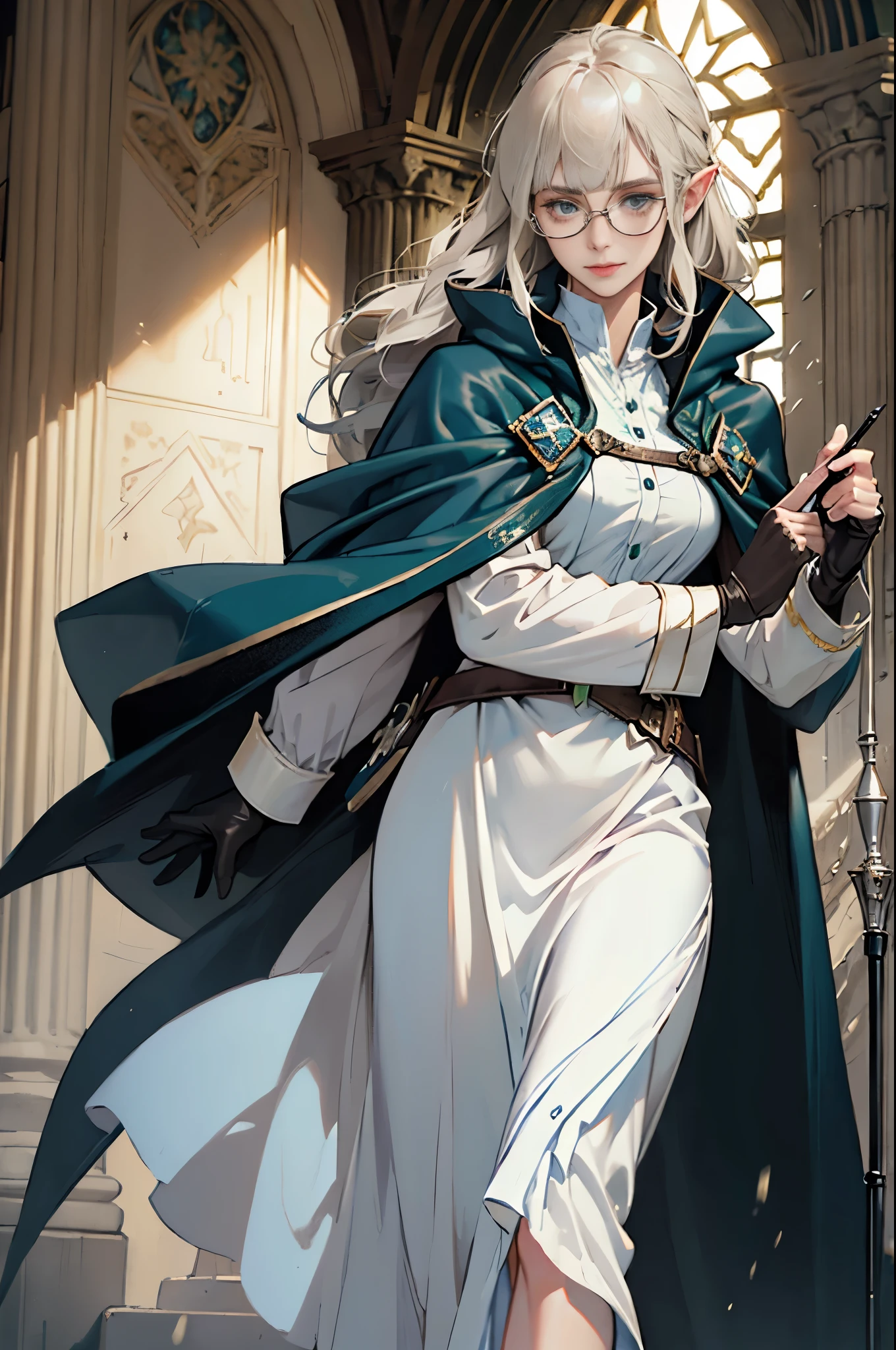 (((((girl))))), masterpiece, ultra detailed, 8K Portrait, Raw photo, woman's portrait photography, full body, Highly detailed smile face, ((Fantasy)), (((hobbit))), ((Adult)), 45 years old, 110cm, (((ALCHEMIST))), ((white skin)), (((greenish dark brown long straight hair))), blunt bangs, (((dark blue silk long cloak))) Fluttering in the wind, (((white inner coat))), long skirt leather gloves, (((glasses))), (((equip a wand))), Midday sun, Hyper realistic, Slender body, by the foggy castle, Ambient lighting, Shadow details, Camera focus on face, strong breeze, Light fog